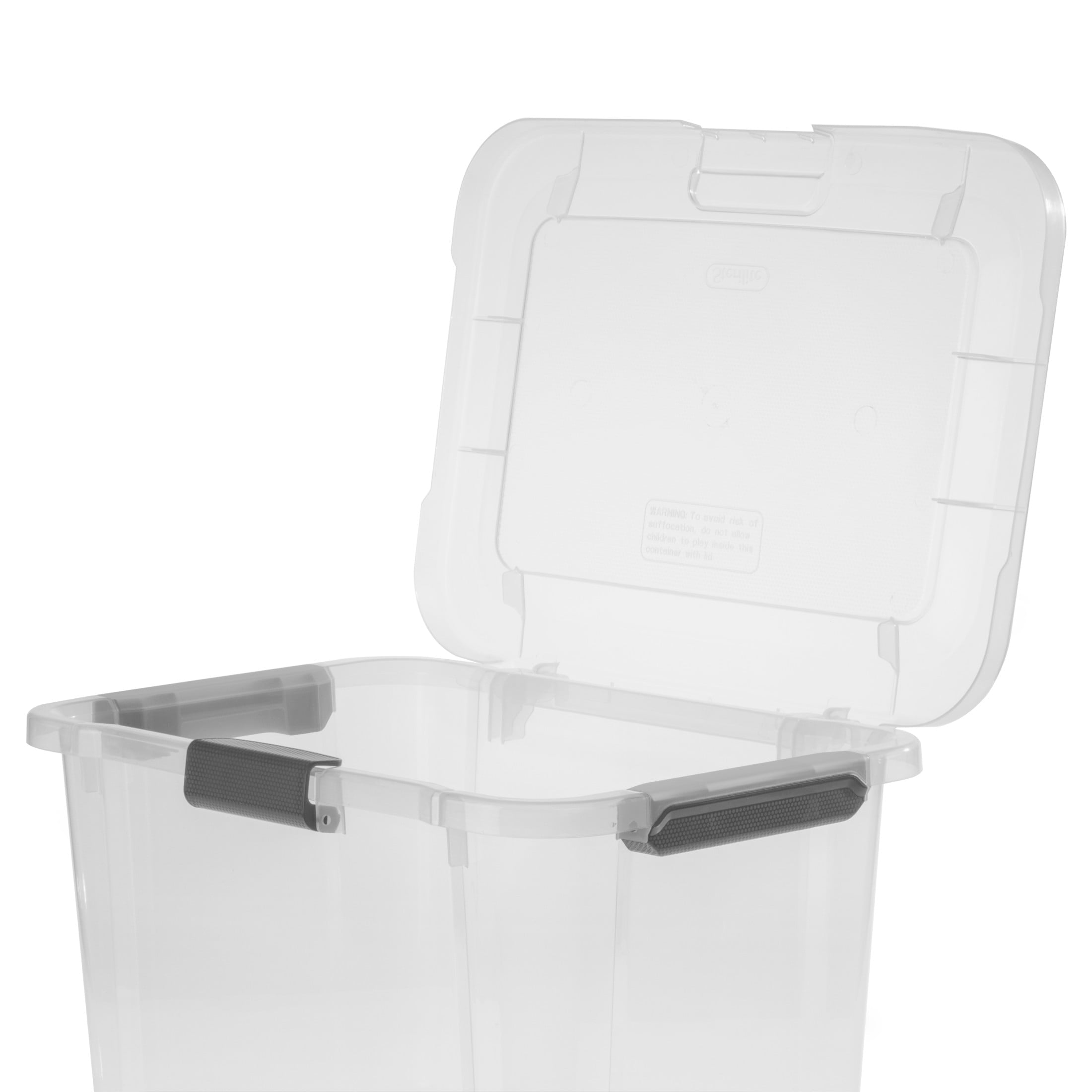 Sterilite 30 Quart HingeLID Storage Box - Clear Bin, Latch Lid, Comfort Grip, Dk Gray