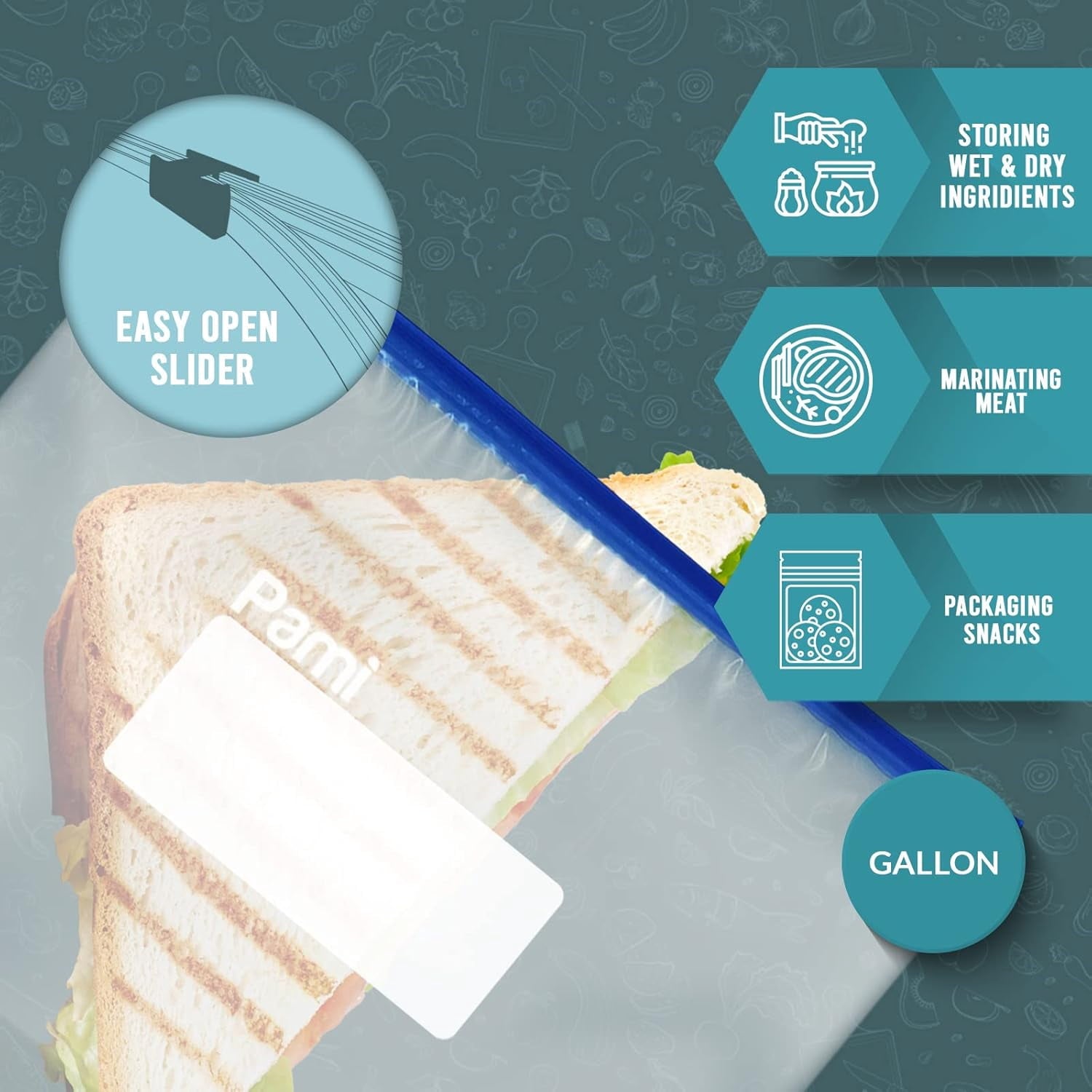 PAMI Food Storage Bag with Slider Zipper - 40 count Expandable Bottom Leakproof Plastic Gallon Ziploc Bags - 2-Pack