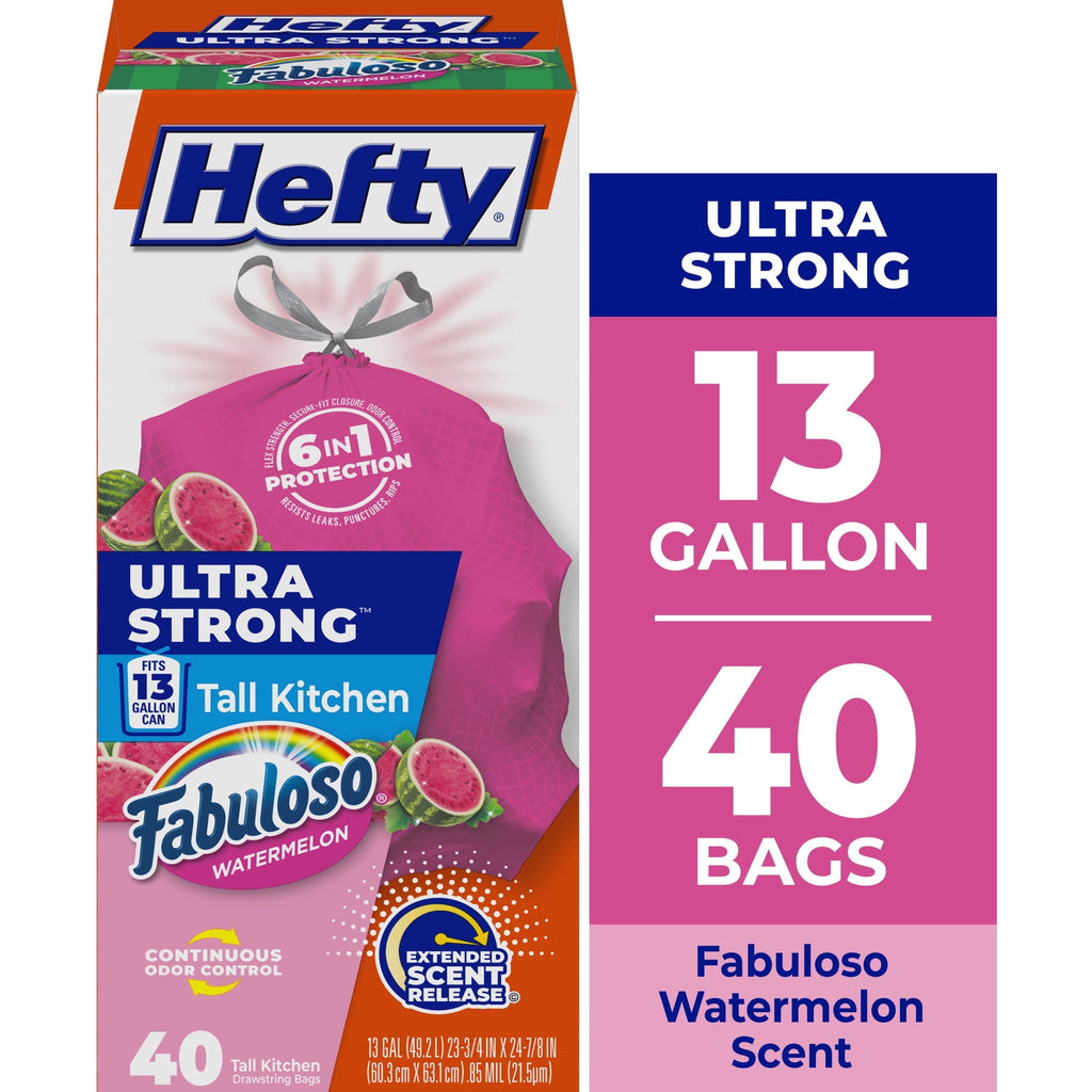 2 pack Hefty Ultra Strong 13 Gallon Trash Bags - Tall Kitchen Trash Bags, Pink, Fabuloso Watermelon Scent, 40 Bags