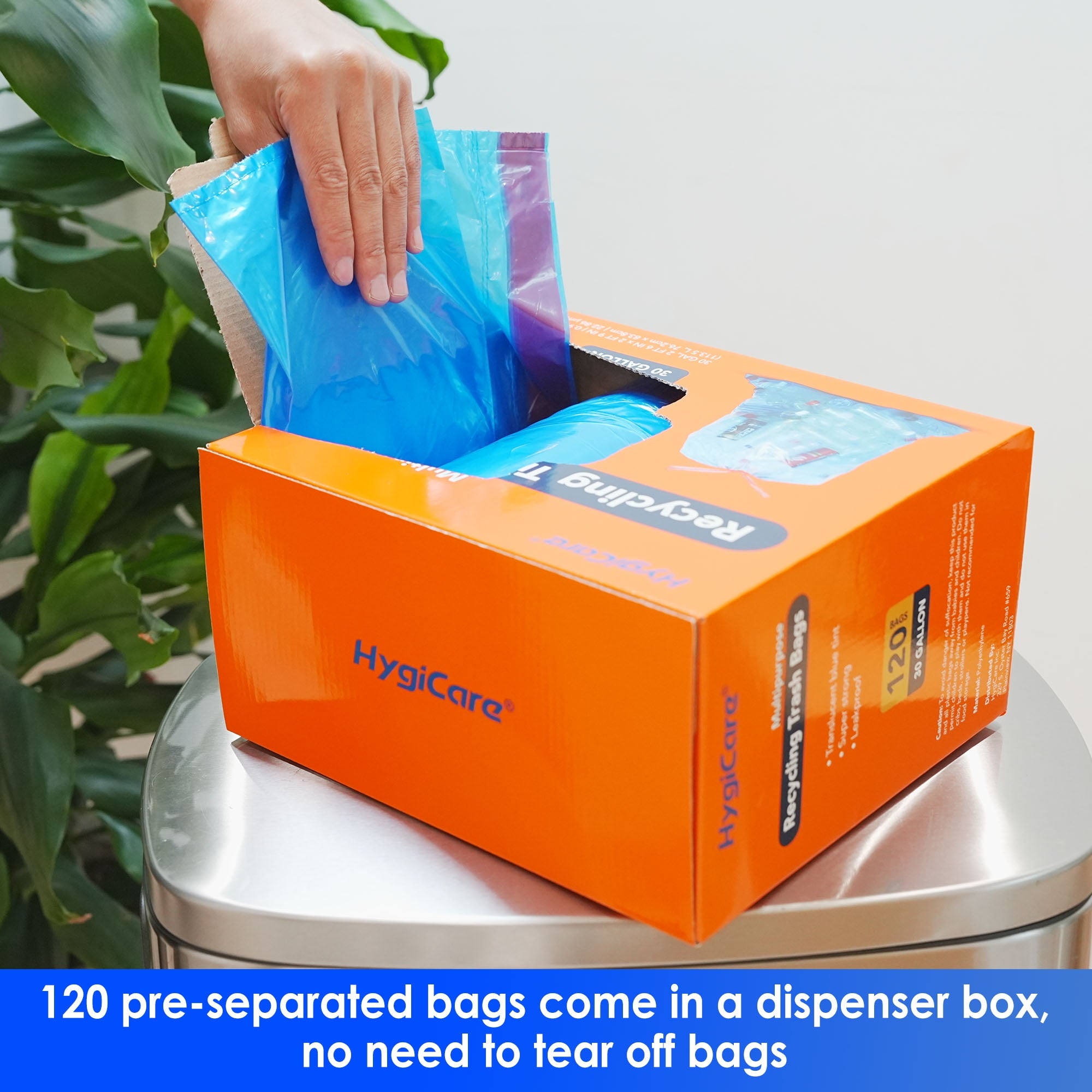 HygiCare Recycling Trash Bags - 30 Gallon, 120 Count, Unscented, Super Strong, Leakproof, Translucent Blue