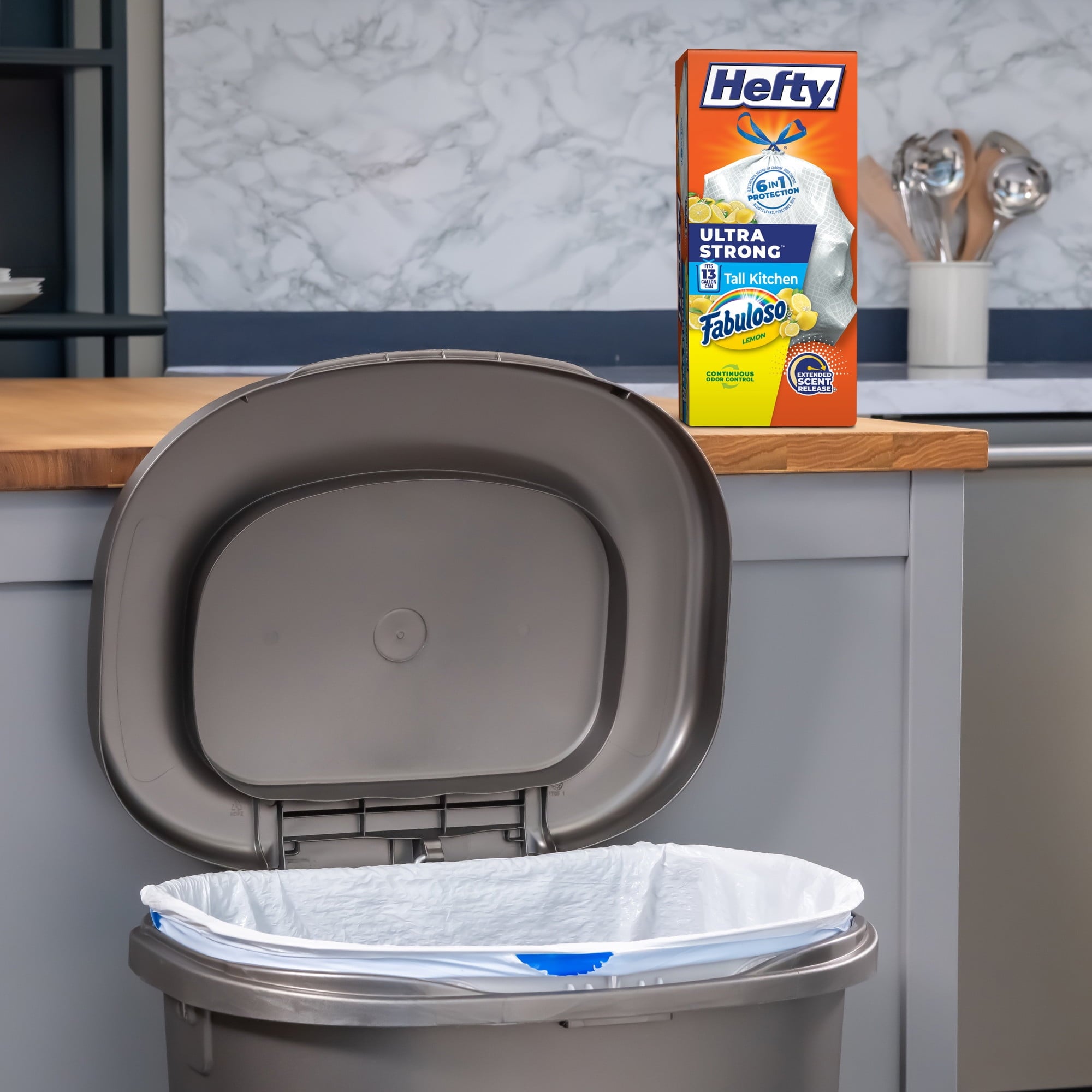 Hefty Ultra Strong 13 Gallon Trash Bags - Tall Kitchen Trash Bags, White, Fabuloso Lemon Scent, 40 Bags