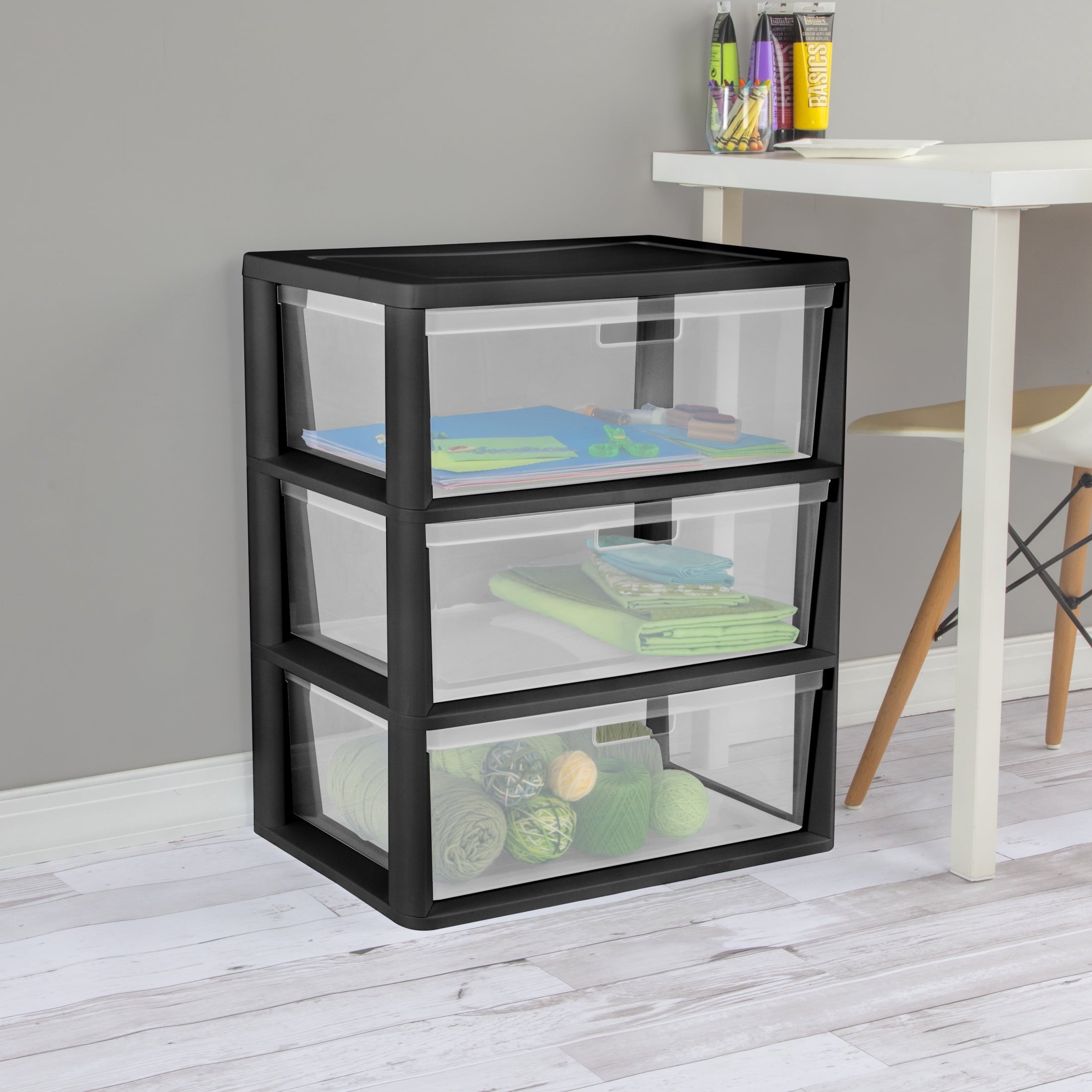 Sterilite Wide 3 Drawer Tower - Plastic Storage Organizer with Removable Clear Bins, Easy Assembly, No Tools Needed, Black - 2-Pack