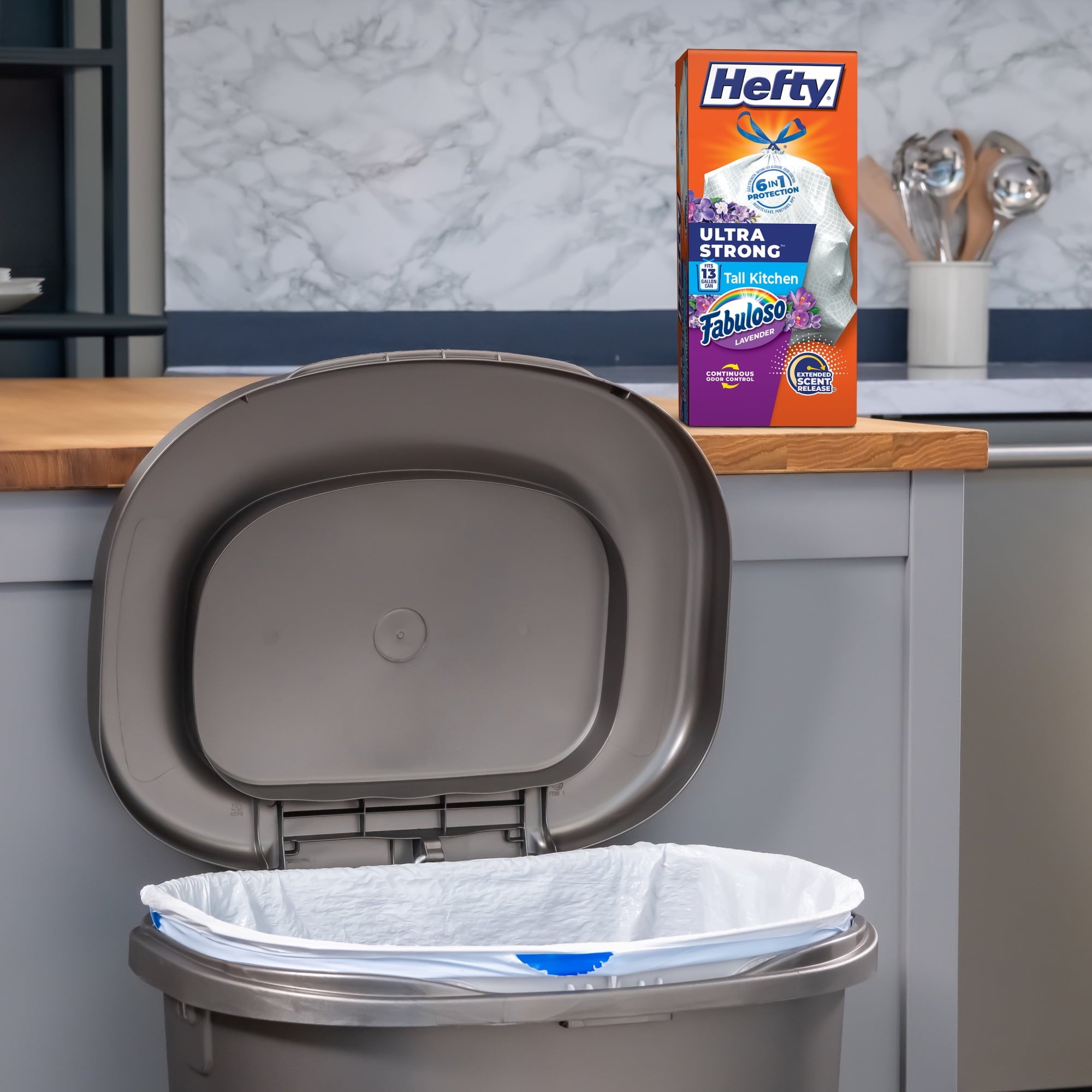 Hefty Ultra Strong 13 Gallon Trash Bags - Tall Kitchen Trash Bags, White, Fabuloso Lavender Scent, 40 Bags