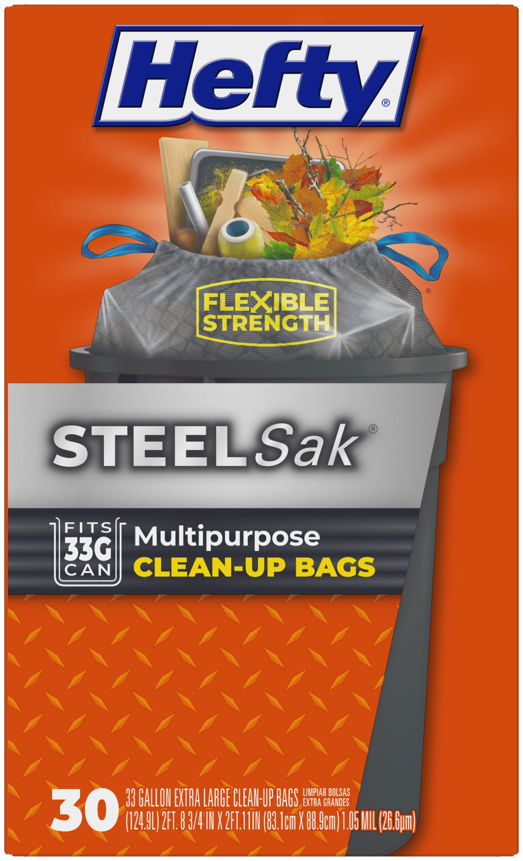 Hefty Steelsak Heavy Duty Large Trash Bags - Gray, Unscented, 33 Gallon, 30 Count