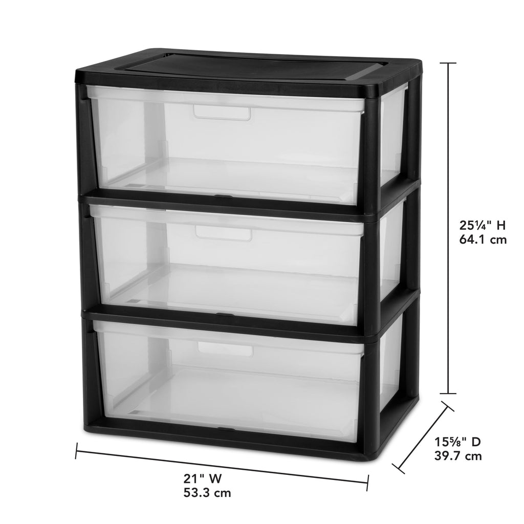 Sterilite Wide 3 Drawer Tower - Plastic Storage Organizer with Removable Clear Bins, Easy Assembly, No Tools Needed, Black - 2-Pack