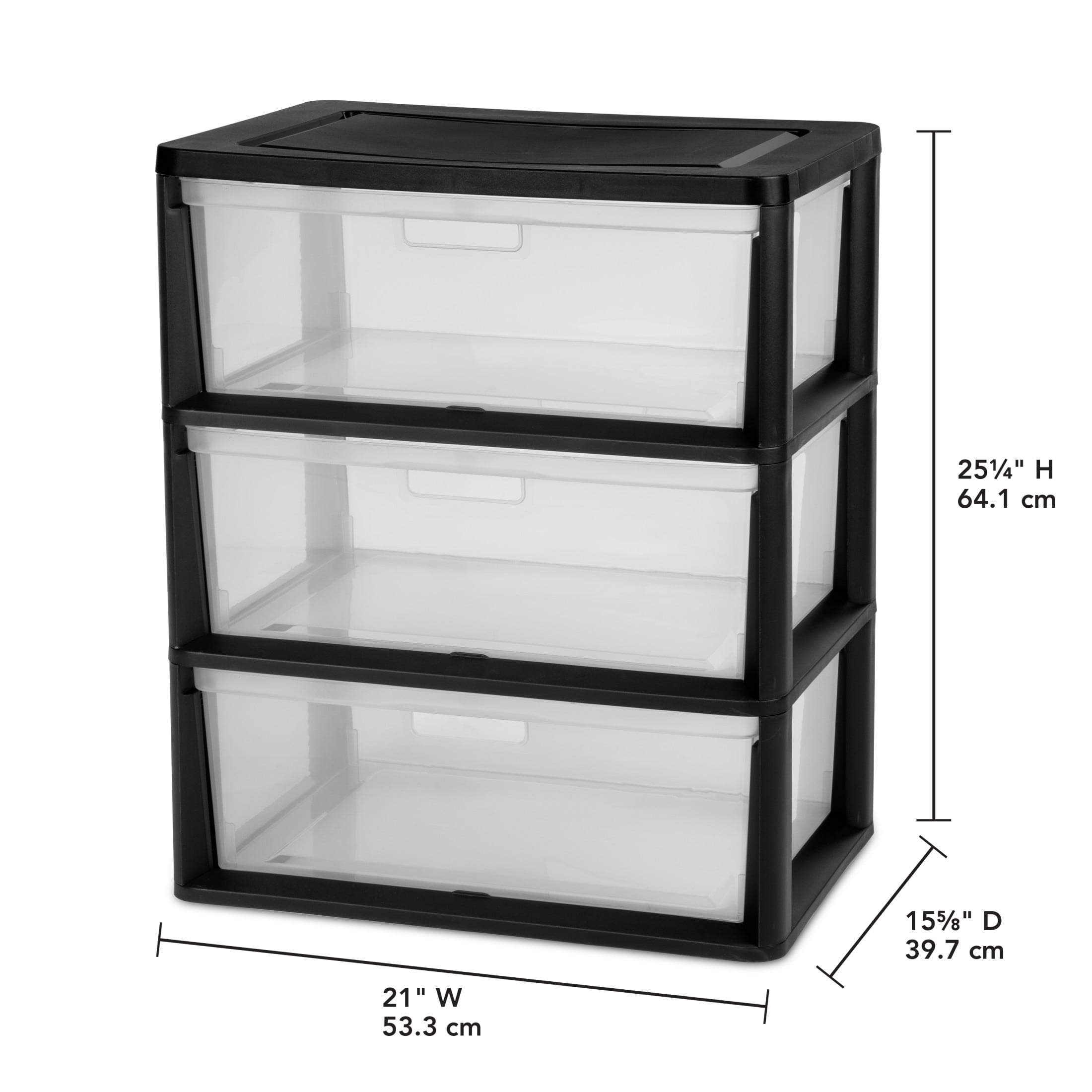 Sterilite Wide 3 Drawer Tower - Plastic Storage Organizer with Removable Clear Bins, Easy Assembly, No Tools Needed, Black - 2-Pack