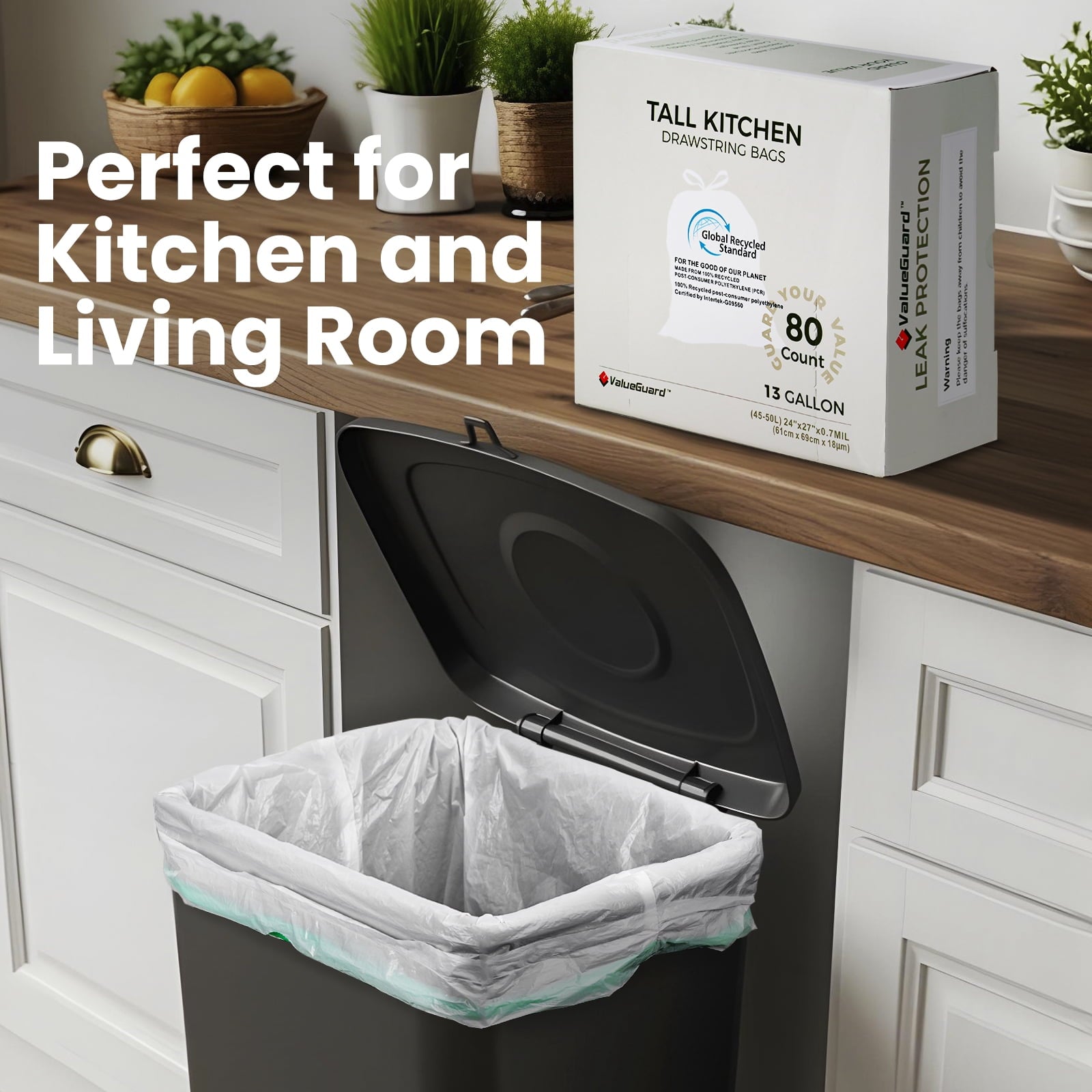 Valueguard Strong Flex 13-Gallon Drawstring Tall Kitchen Trash Bags - Fresh Scent, 80 Bags