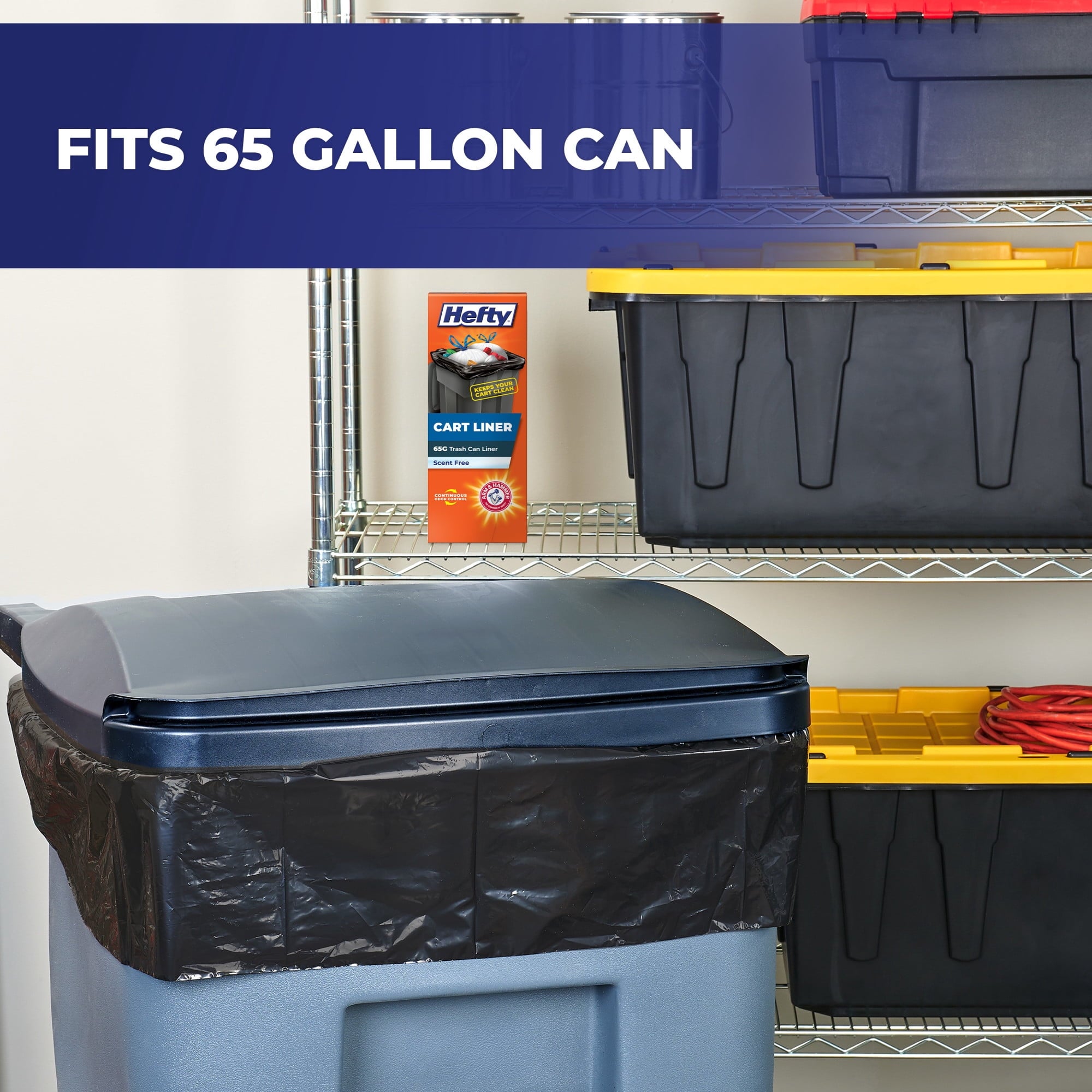 Hefty Cart Liner Trash Bags - 65 Gallon, 10 Bags (Scent Free, ARM & HAMMER Odor Control, Drawstring) - 4-Pack