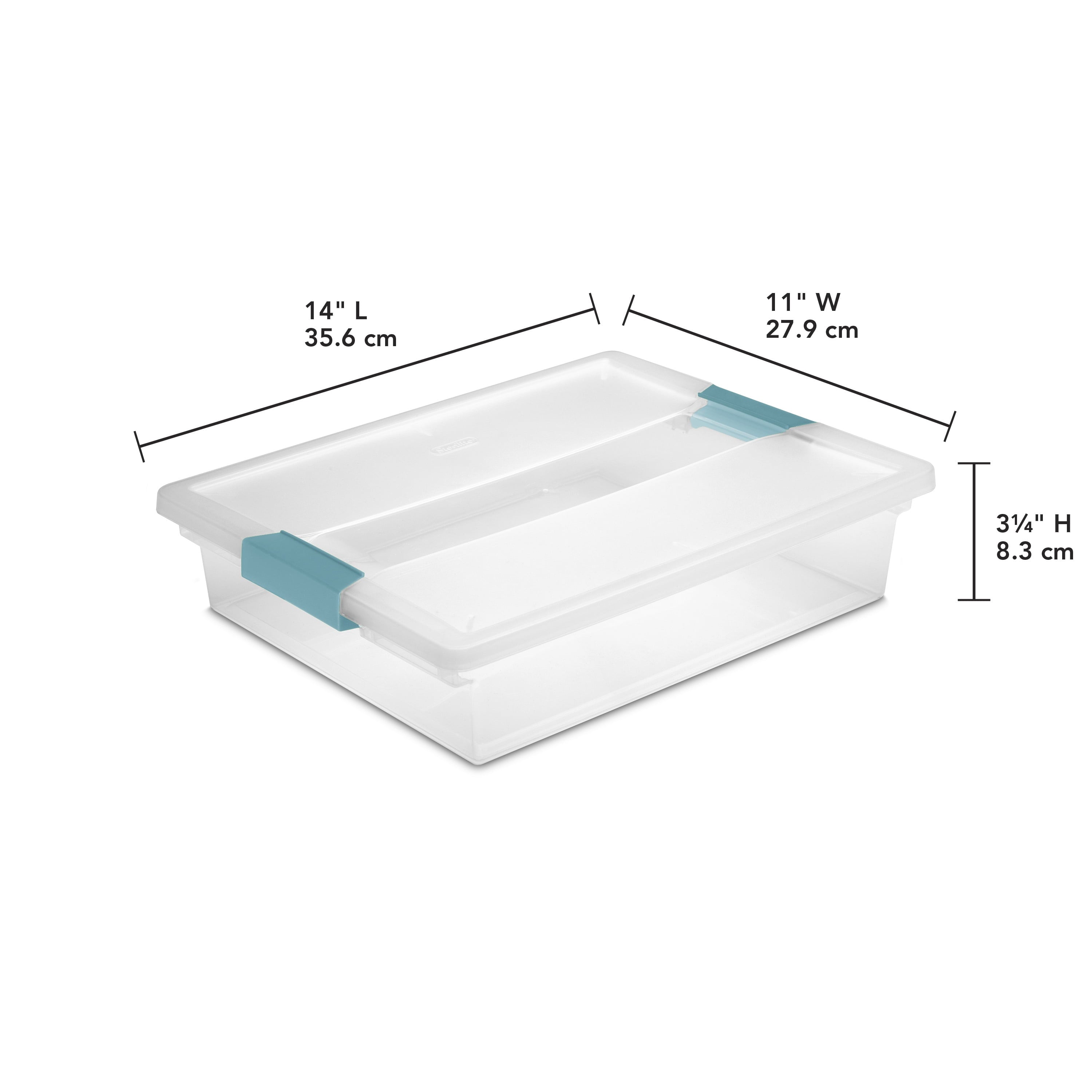 Sterilite Plastic Storage Bin / Large Clip Box - 14” L x 11” W x 3 1/4” H, Aqua Haze