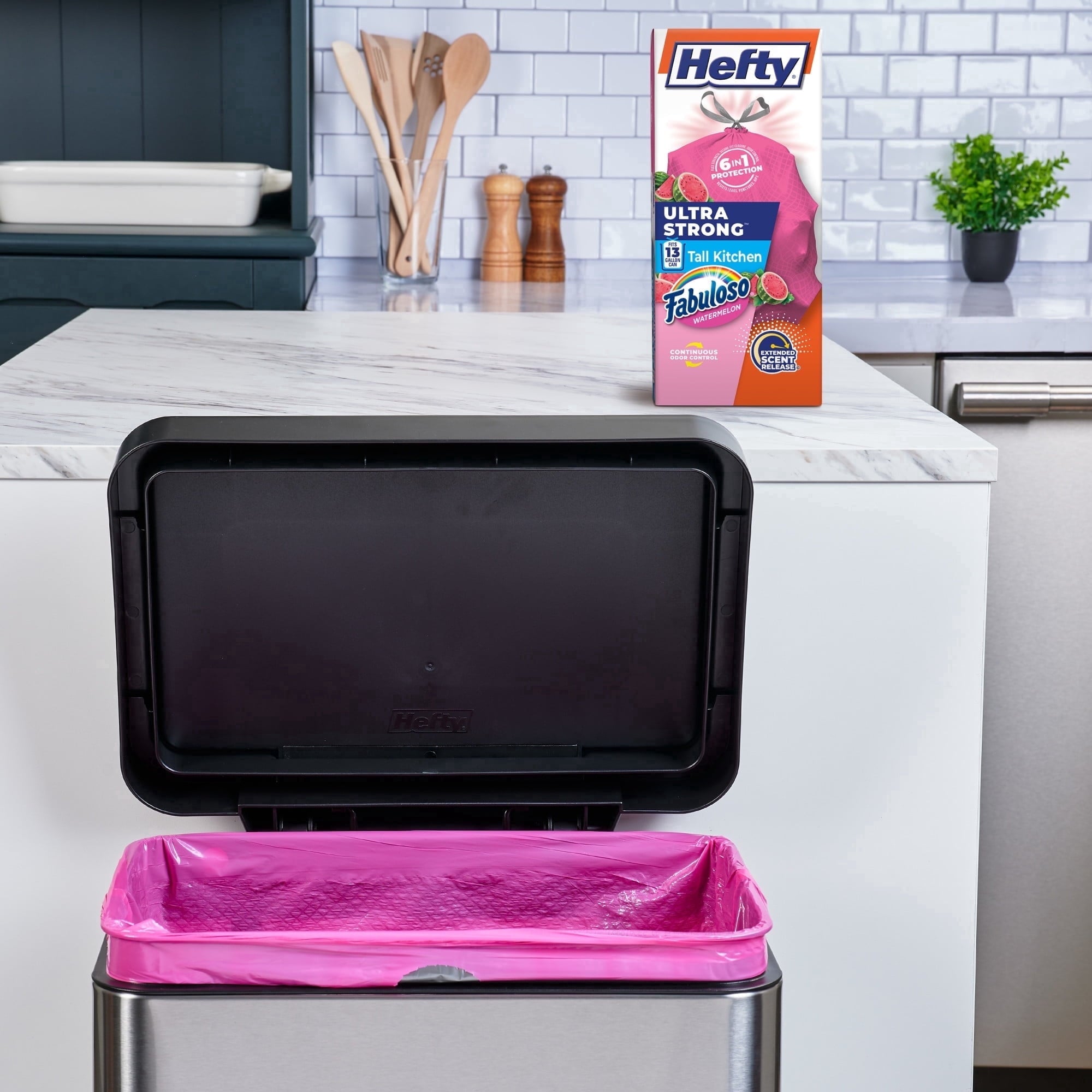 2 pack Hefty Ultra Strong 13 Gallon Trash Bags - Tall Kitchen Trash Bags, Pink, Fabuloso Watermelon Scent, 40 Bags
