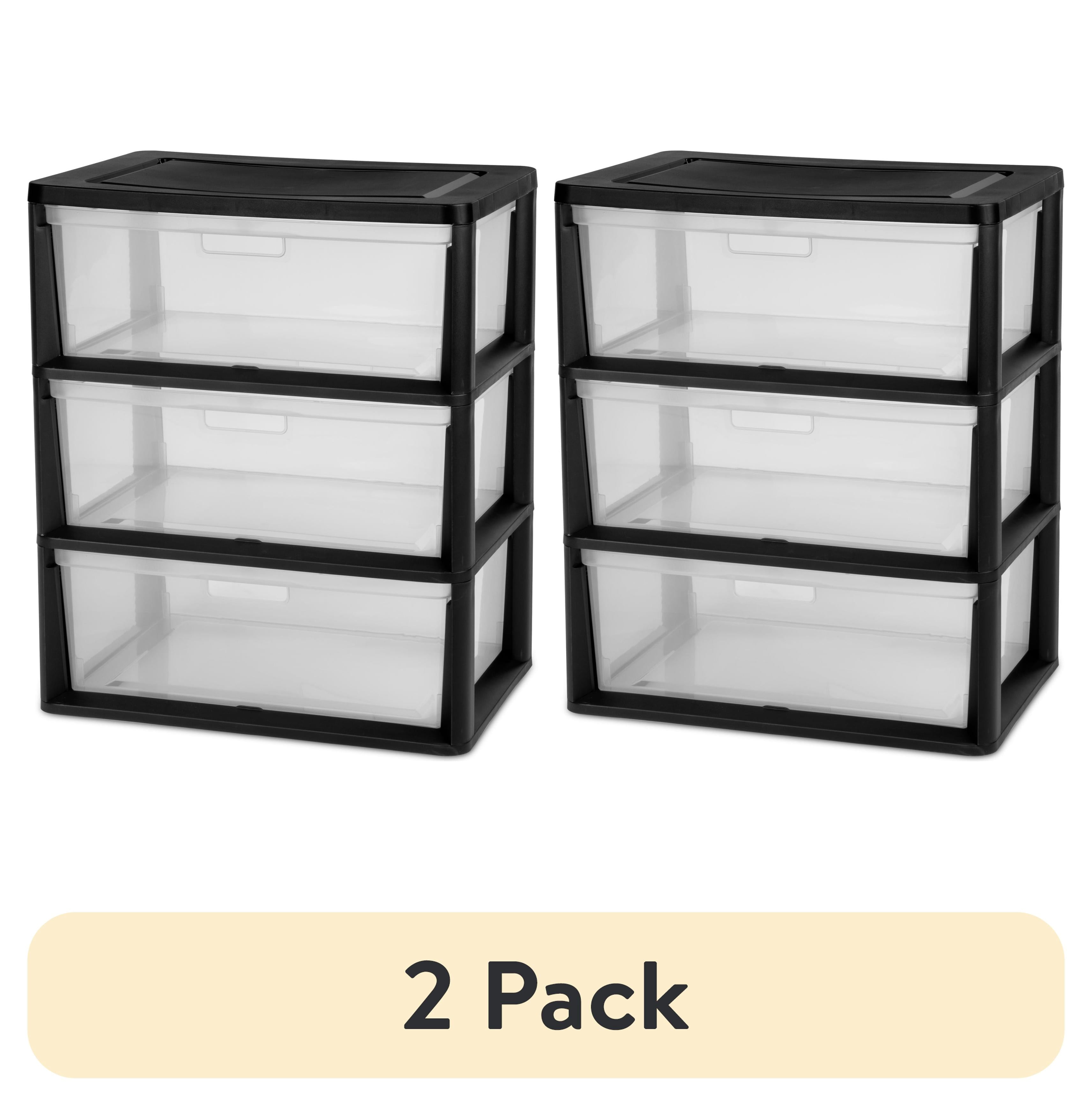 Sterilite Wide 3 Drawer Tower - Plastic Storage Organizer with Removable Clear Bins, Easy Assembly, No Tools Needed, Black - 2-Pack