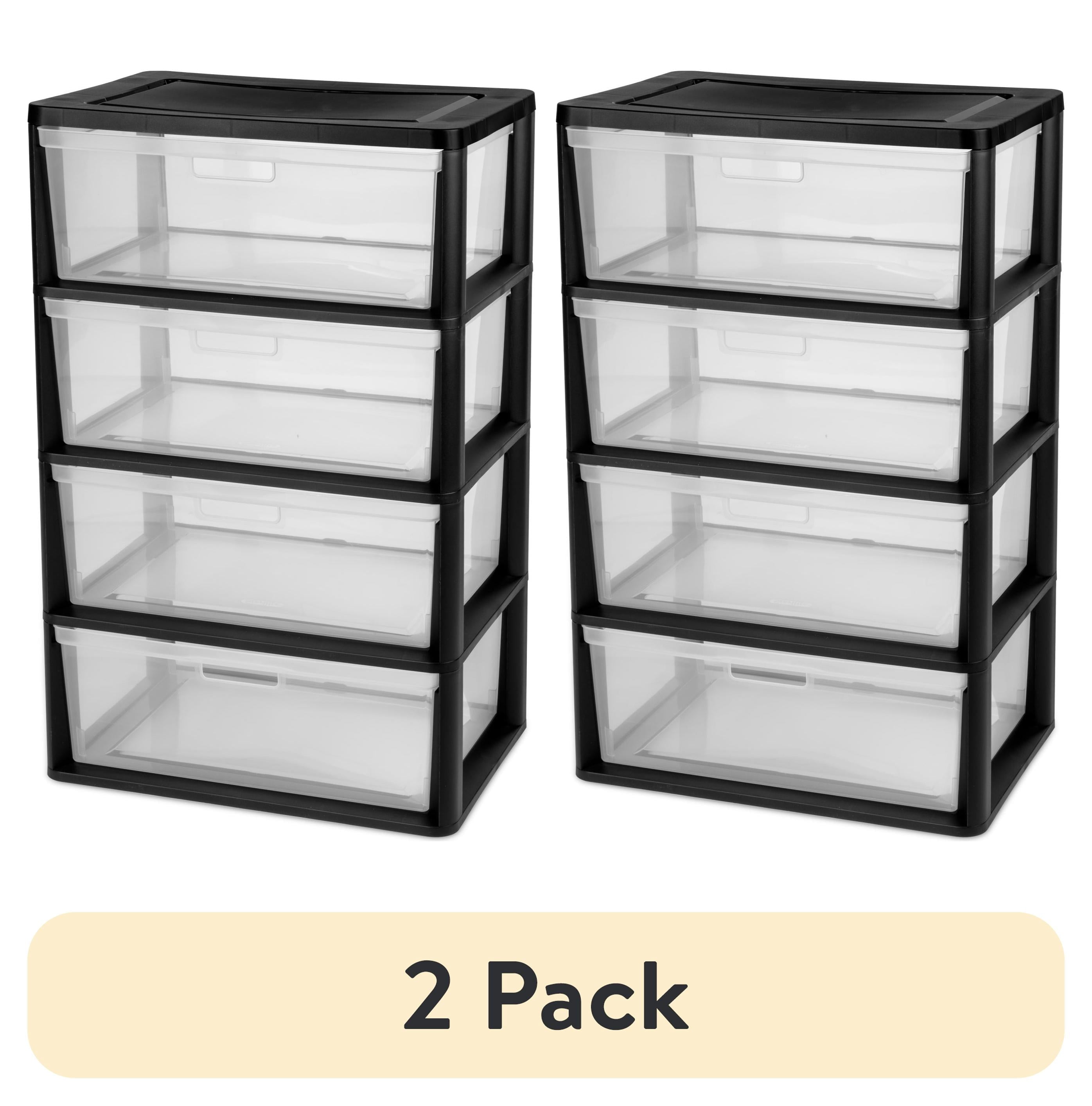 Sterilite Wide 4 Drawer Tower - Plastic Storage Organizer with Removable Clear Bins, Easy Assembly, No Tools Needed, Black - 2-Pack