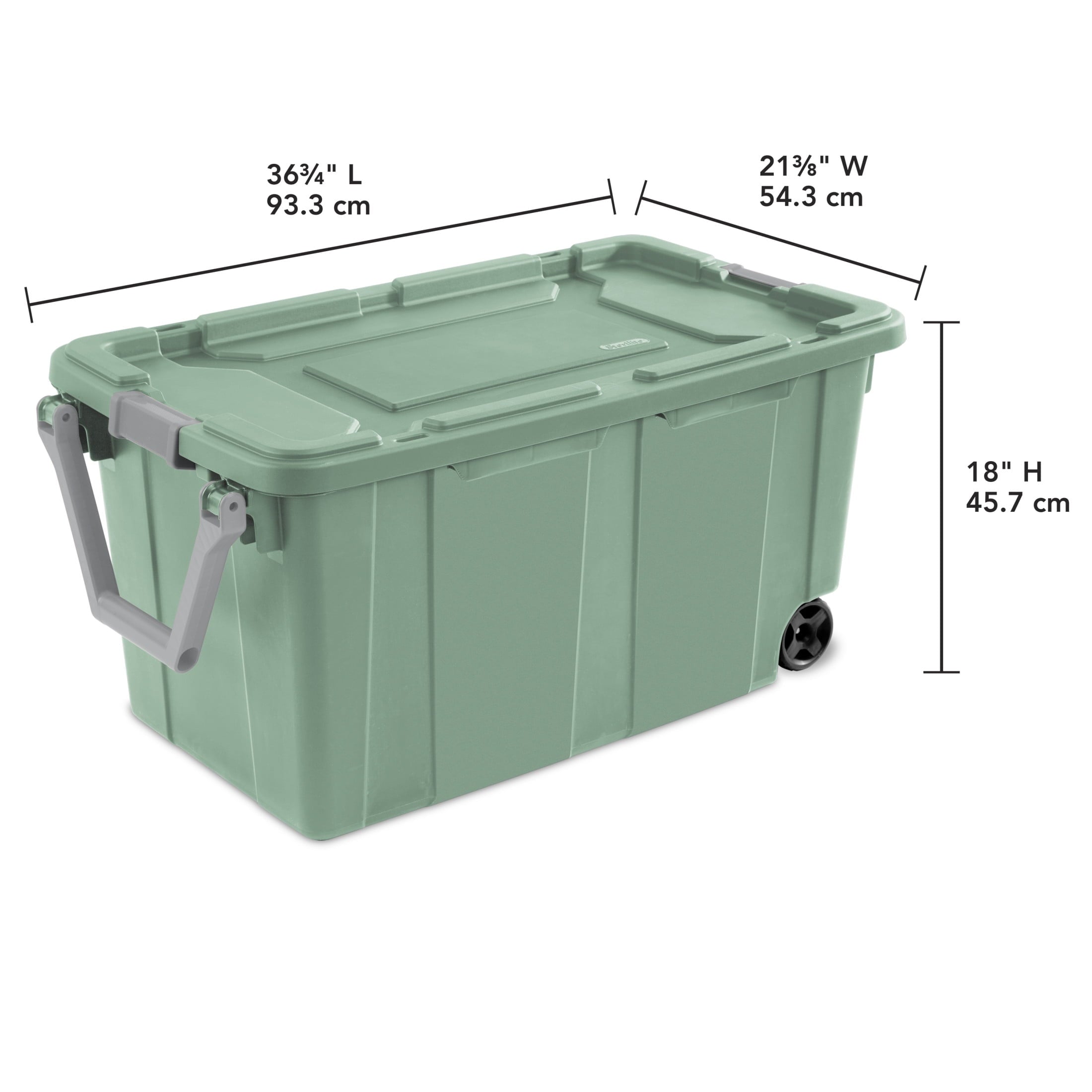 Sterilite Extra-Large Wheeled Industrial Storage Bin - 40 Gallon Durable Plastic Storage Tote with Latching Lid and Pull Handle, Green, 2 Pack