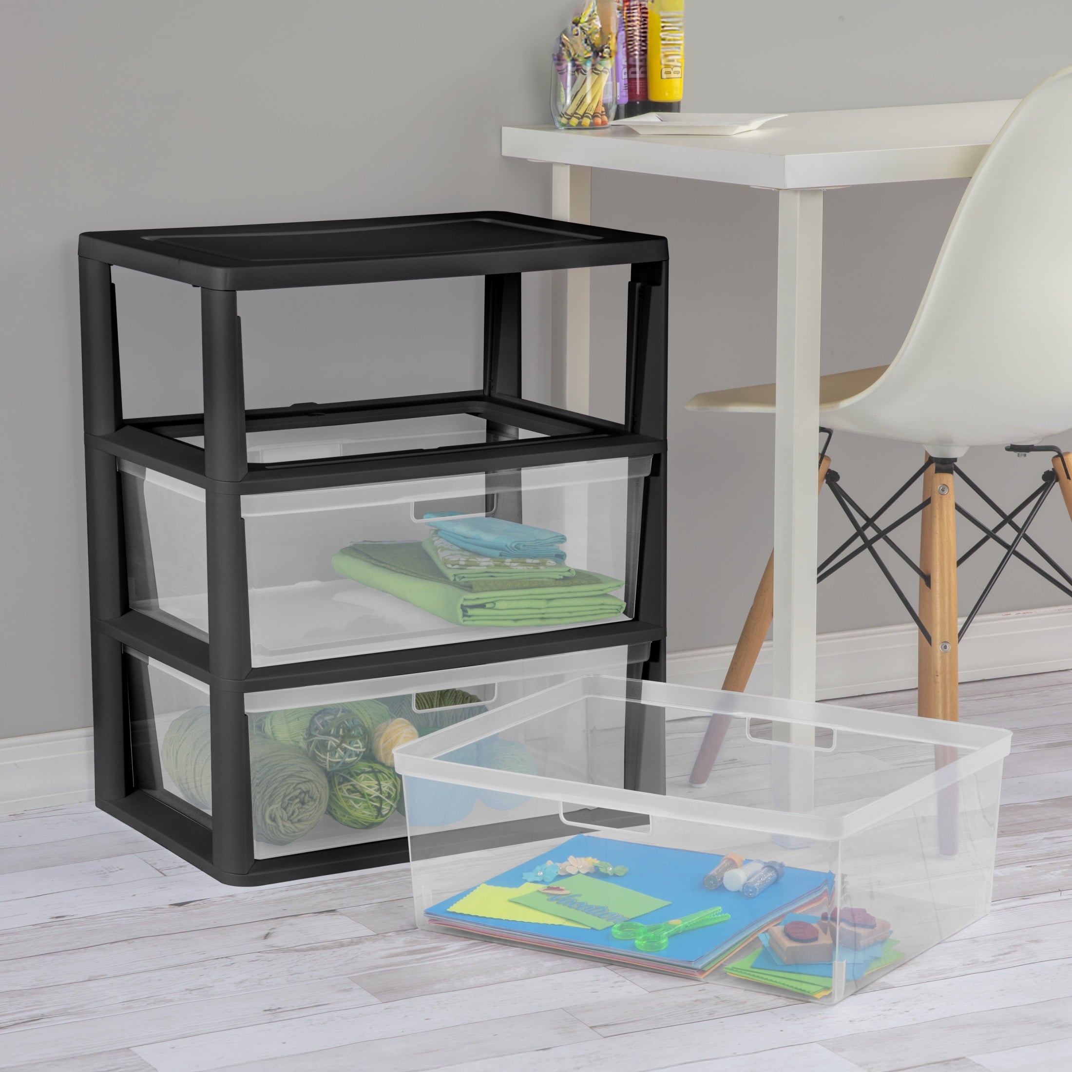 Sterilite Wide 3 Drawer Tower - Plastic Storage Organizer with Removable Clear Bins, Easy Assembly, No Tools Needed, Black - 2-Pack