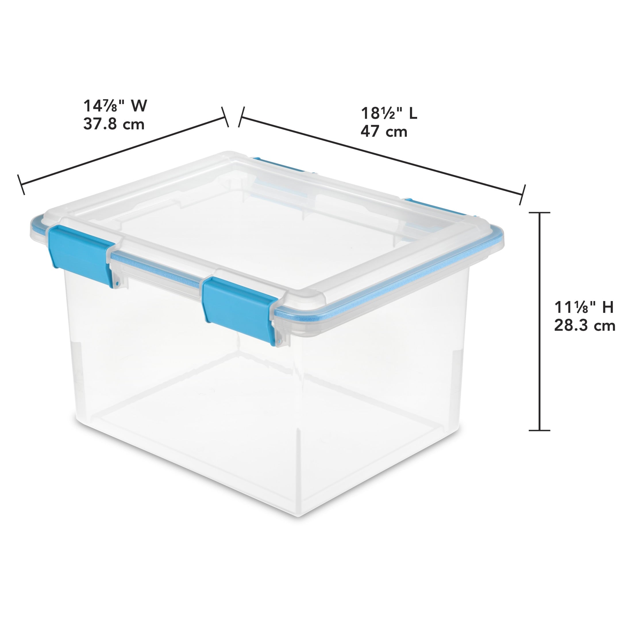 Sterilite Gasket Box - 32 Quart Clear Weather-Resistant Plastic File Storage Bin with Gasket Seal and Latch Lid, Blue, 4 Pack