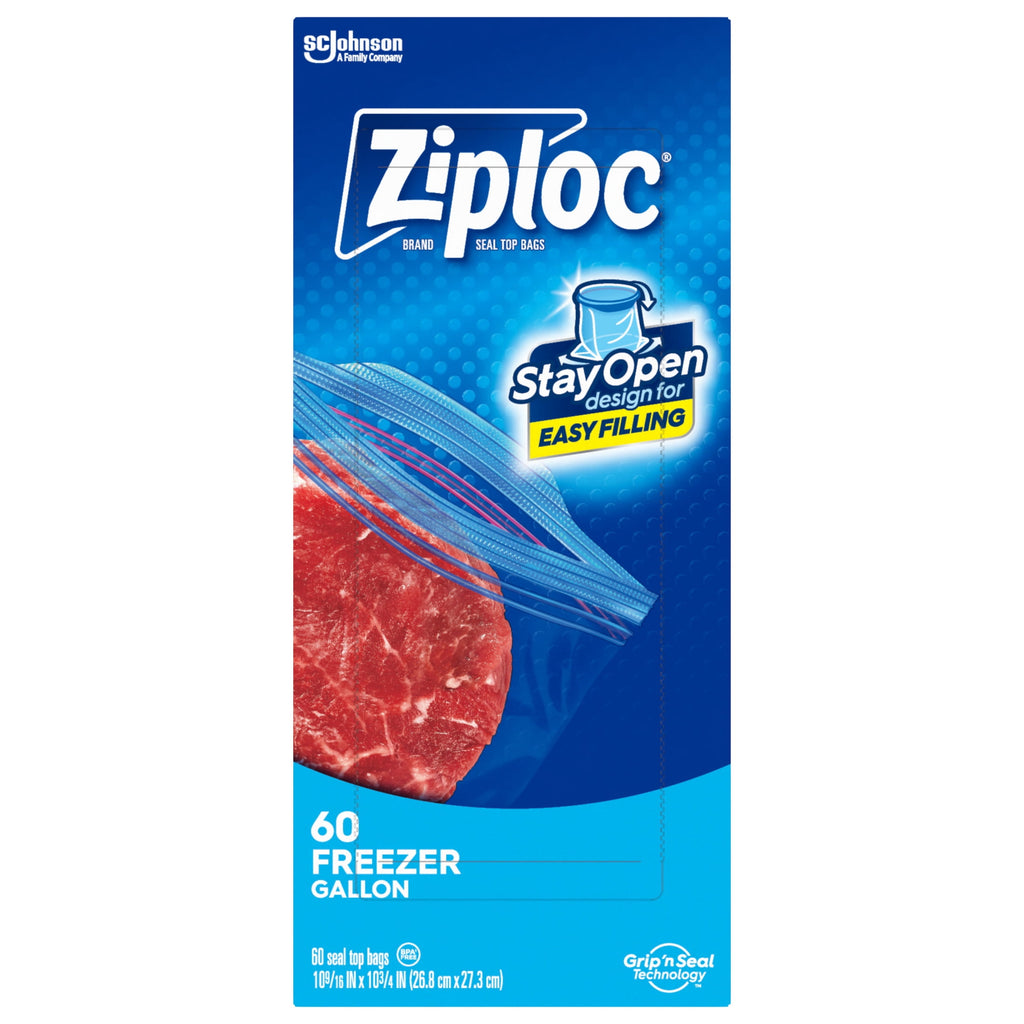 Ziploc Brand Freezer Food Storage Bags - School Supplies, with Grip 'n Seal Technology, Zipper, Gallon, 60 Count