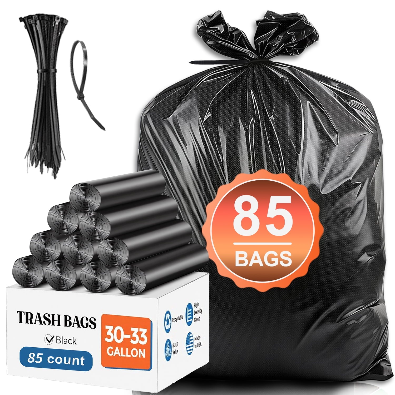 33 Gallon Trash Bags (85Count) - 30-33 Gallon Black Garbage Bags, Garbage Can Liners with Tying Ropes