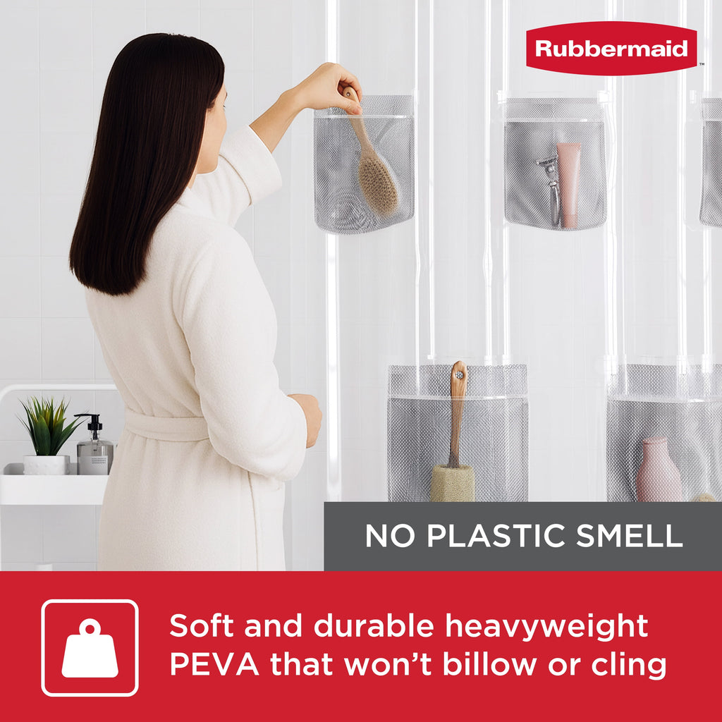 Rubbermaid Clear Heavyweight Waterproof PEVA Shower Curtain Liner with Storage Pockets - BPA-Free, 70 x 72 Inches