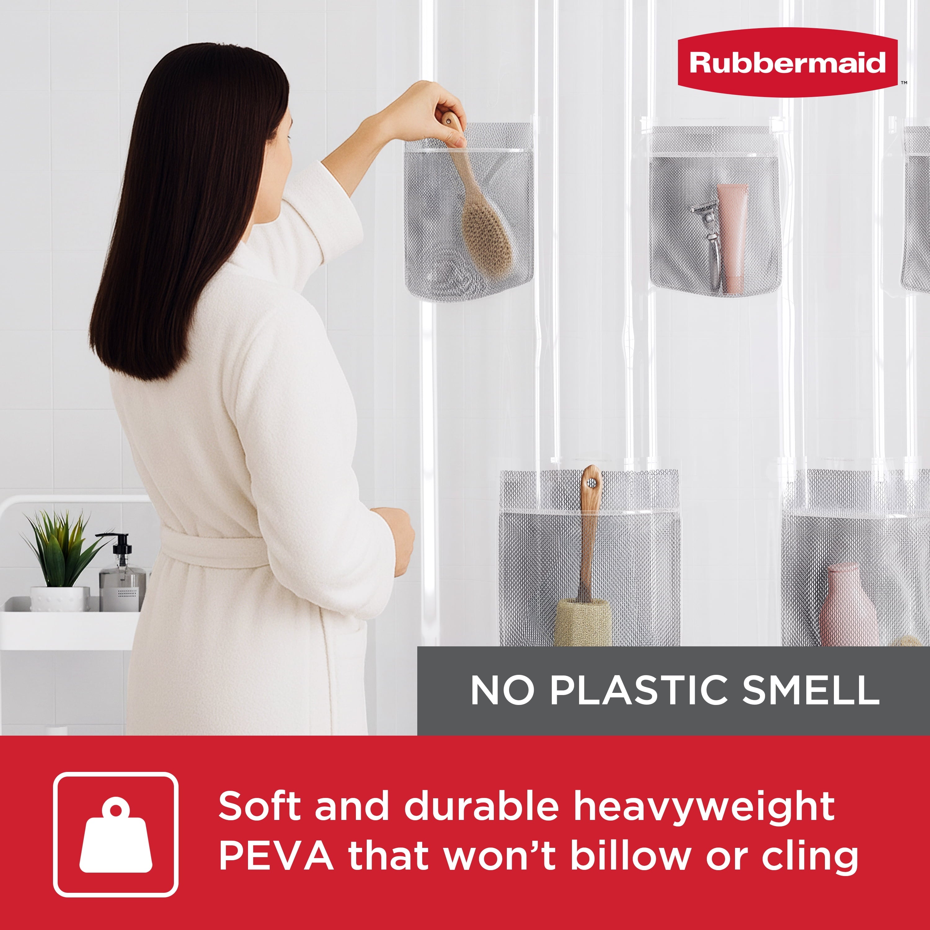 Rubbermaid Clear Heavyweight Waterproof PEVA Shower Curtain Liner with Storage Pockets - BPA-Free, 70 x 72 Inches