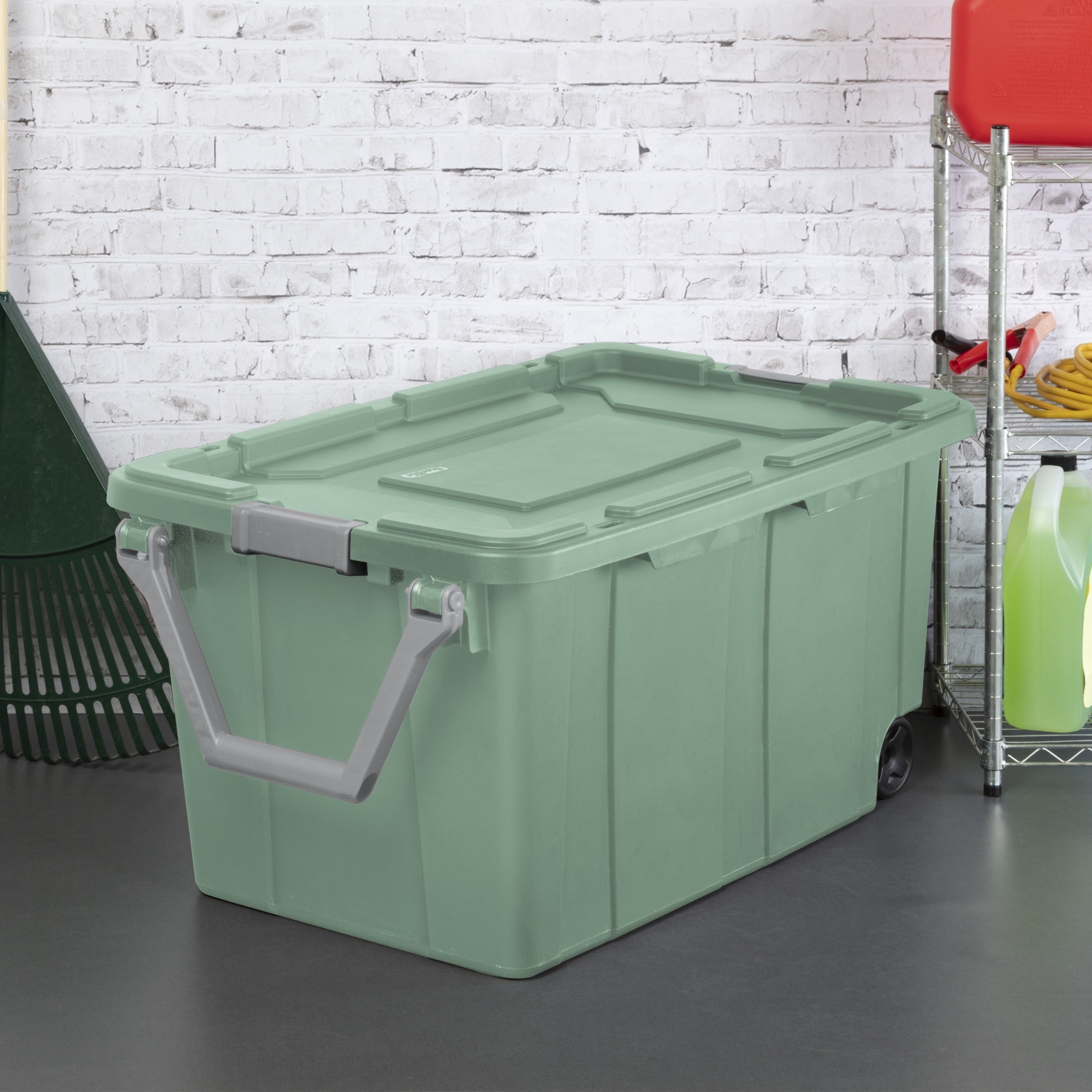 Sterilite Extra-Large Wheeled Industrial Storage Bin - 40 Gallon Durable Plastic Storage Tote with Latching Lid and Pull Handle, Green, 2 Pack