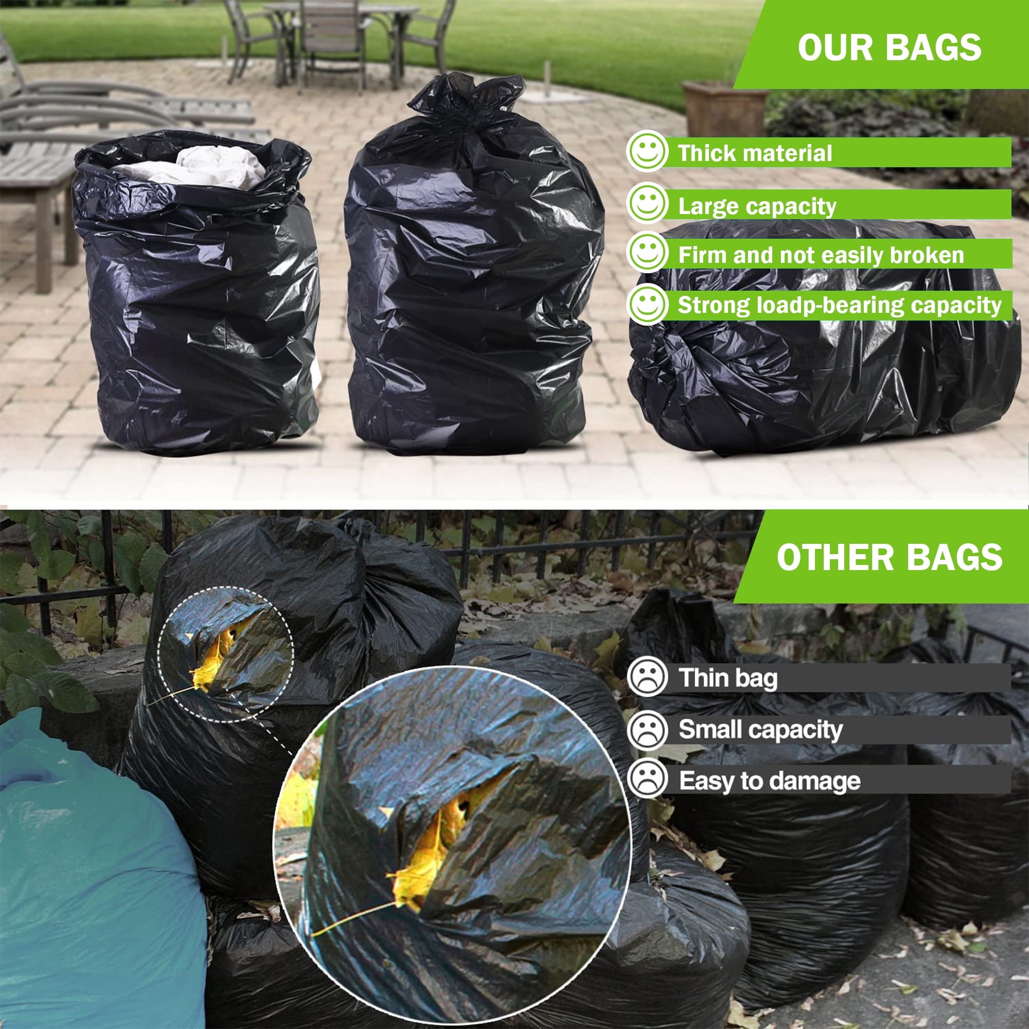 33 Gallon Trash Bags (85Count) - 30-33 Gallon Black Garbage Bags, Garbage Can Liners with Tying Ropes