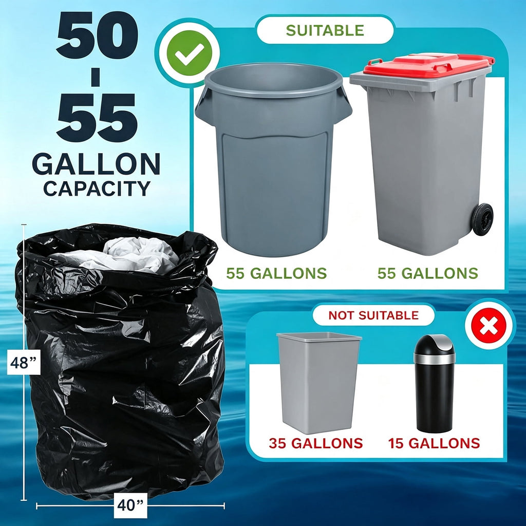 Lamosi 55 Gallon Trash Bags (50 Count) - Black Outdoor Garbage Bags for Waste, Lawn and Leaf, 1.5 Mil