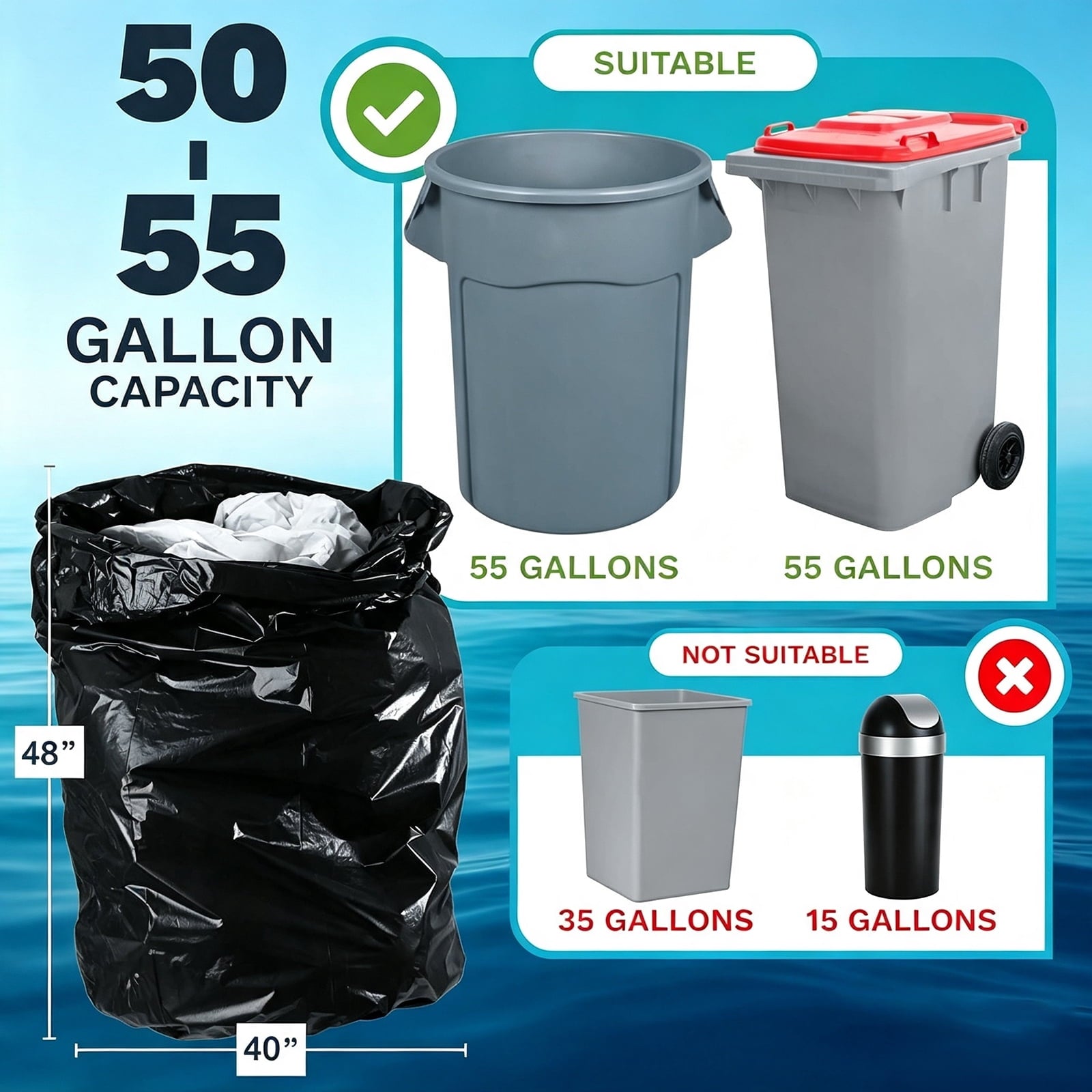 Lamosi 55 Gallon Trash Bags (50 Count) - Black Outdoor Garbage Bags for Waste, Lawn and Leaf, 1.5 Mil