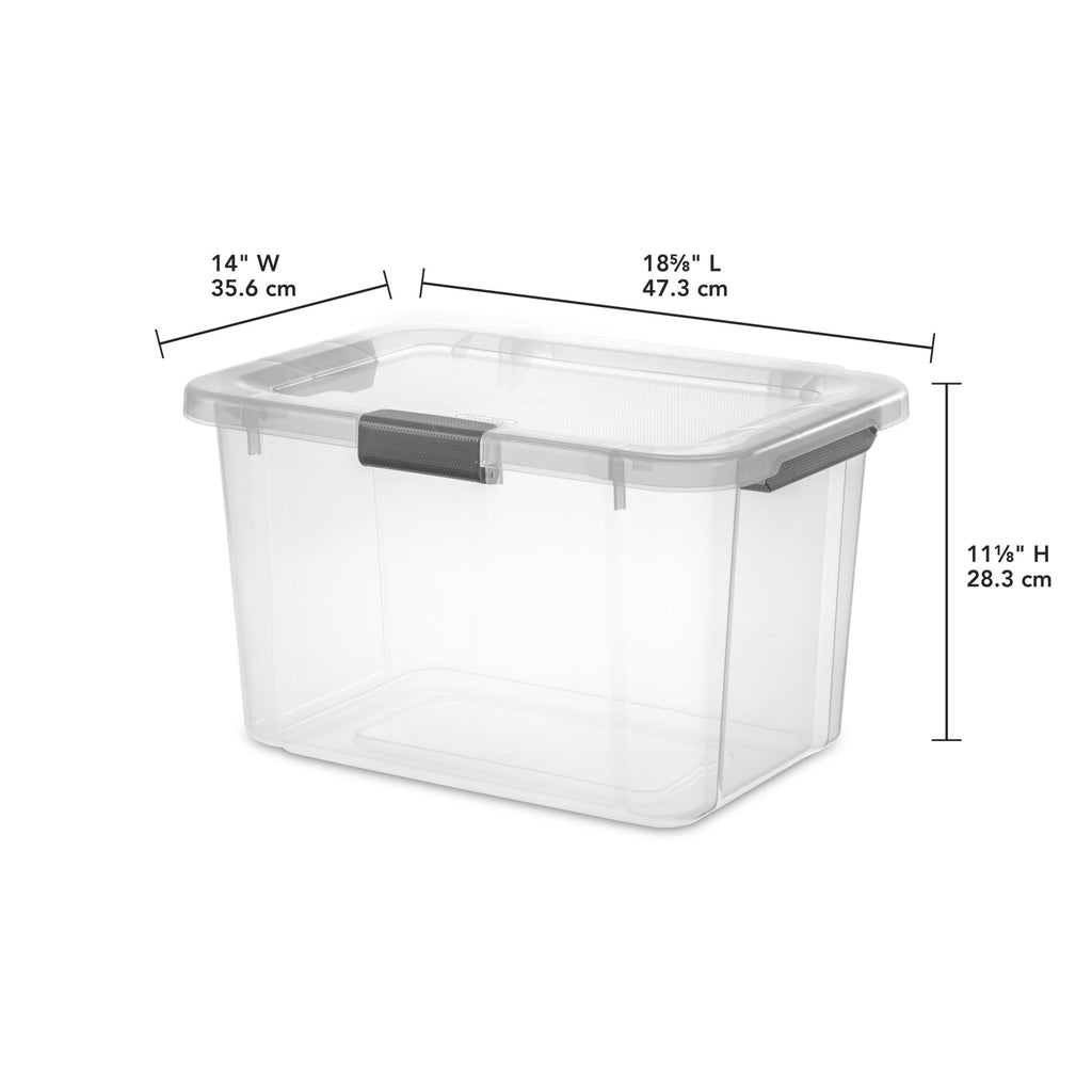 Sterilite 30 Quart HingeLID Storage Box - Clear Bin, Latch Lid, Comfort Grip, Dk Gray