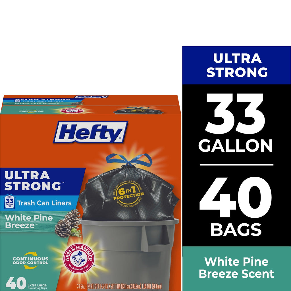2 Box Hefty Ultra Strong 33 Gallon Trash Bags - Black Large Trash Bags, White Pine Breeze Scent, 40 Bags