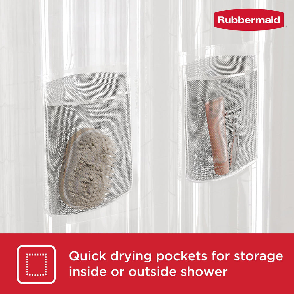 Rubbermaid Clear Heavyweight Waterproof PEVA Shower Curtain Liner with Storage Pockets - BPA-Free, 70 x 72 Inches