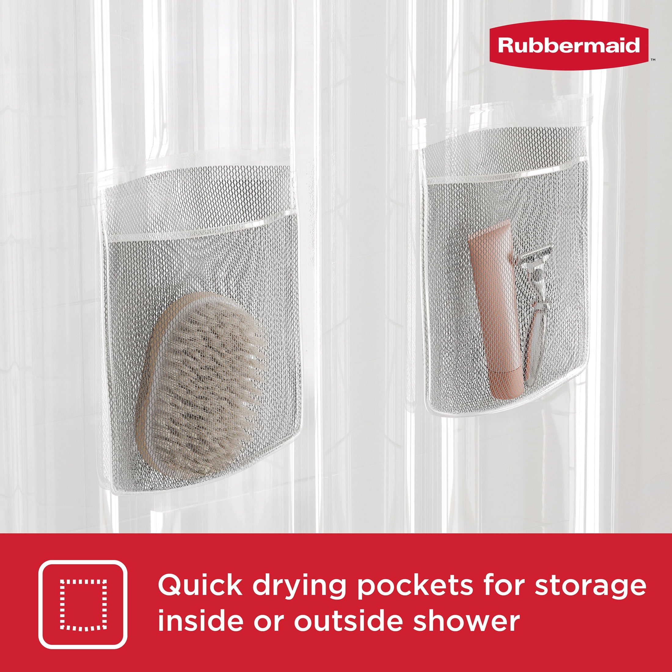 Rubbermaid Clear Heavyweight Waterproof PEVA Shower Curtain Liner with Storage Pockets - BPA-Free, 70 x 72 Inches