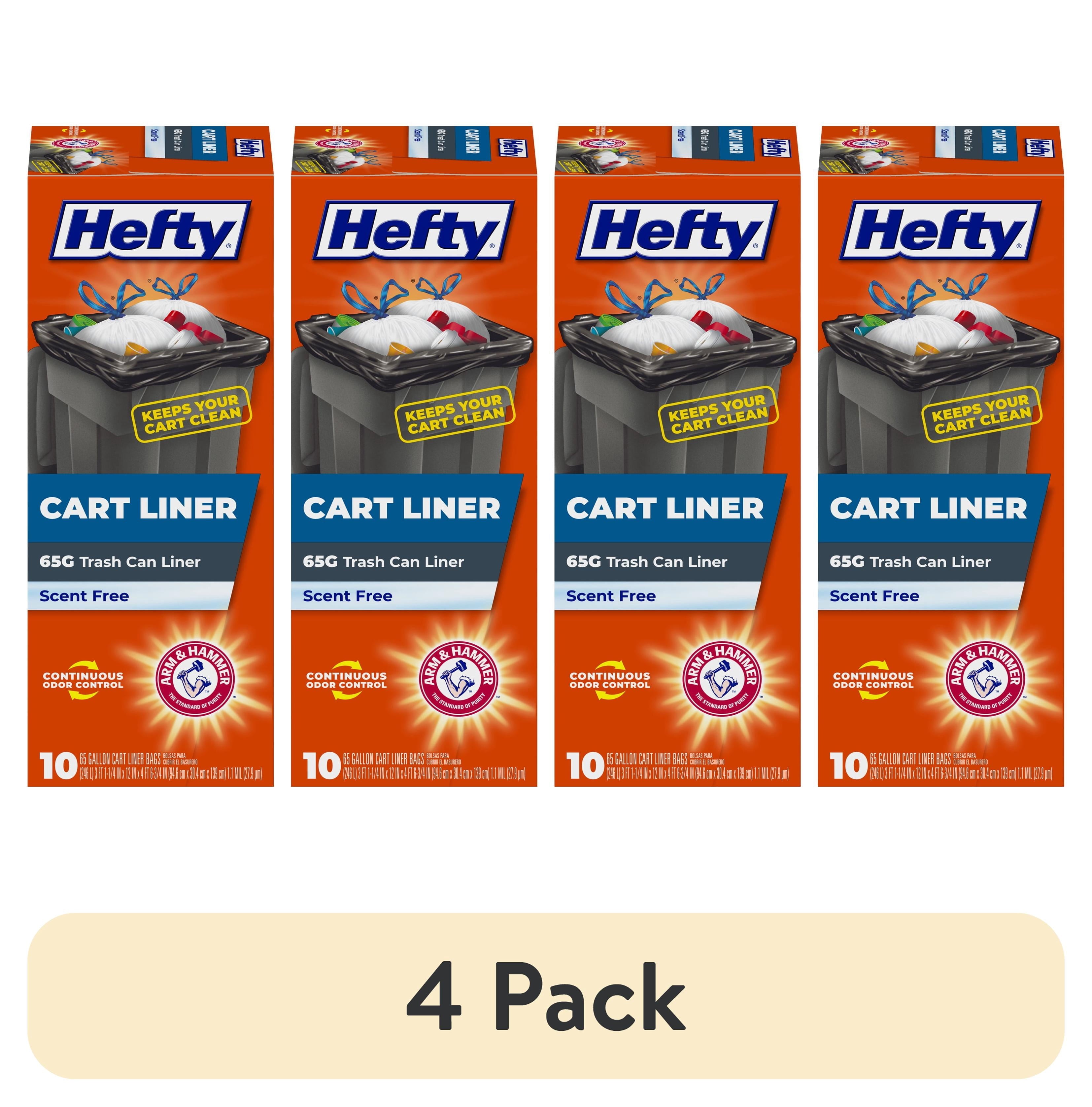 Hefty Cart Liner Trash Bags - 65 Gallon, 10 Bags (Scent Free, ARM & HAMMER Odor Control, Drawstring) - 4-Pack