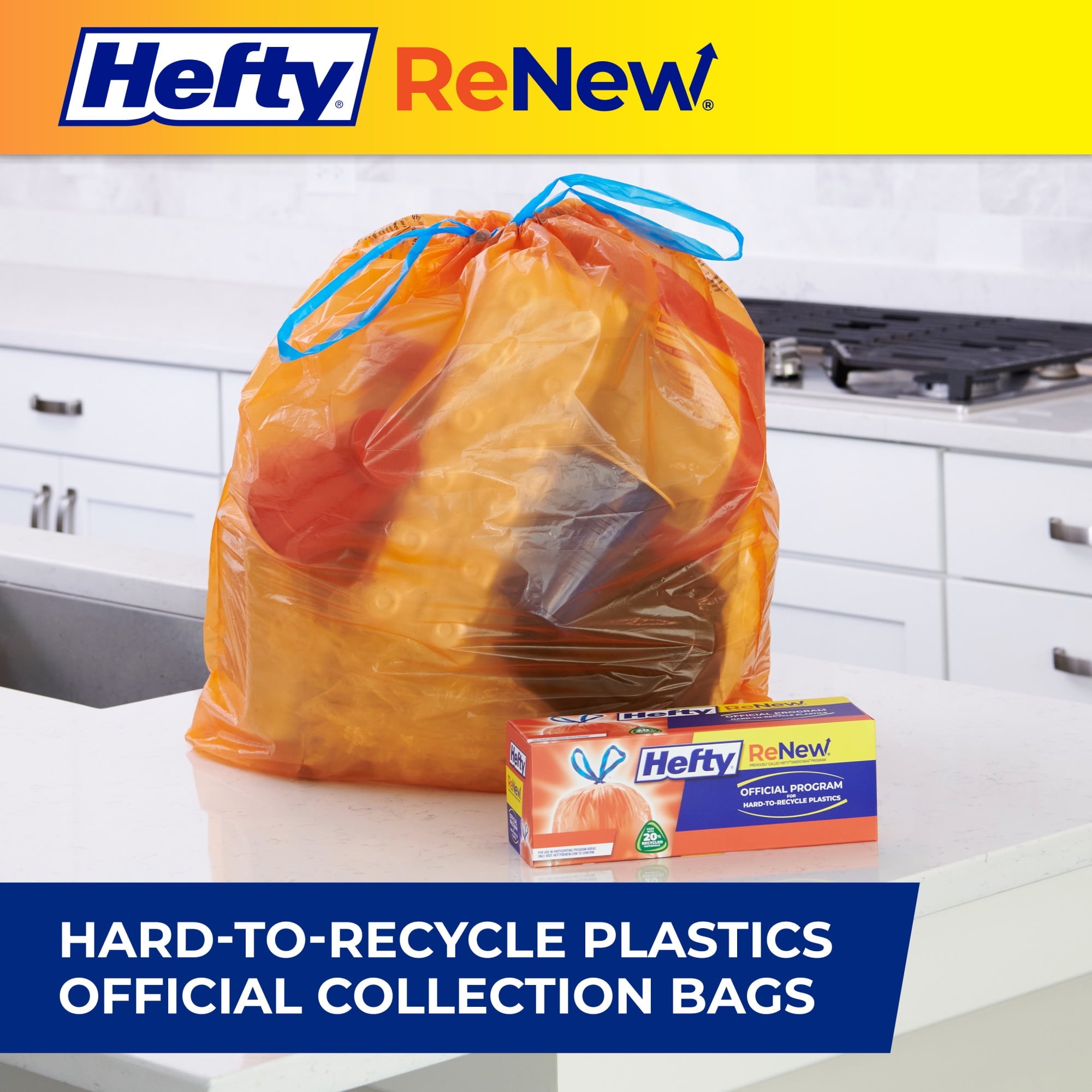 Hefty ReNew Orange Drawstring Bag for Hard to Recycle Plastics - Made with 20% Post-Consumer Recycled Materials, 20 Count - 9-Pack