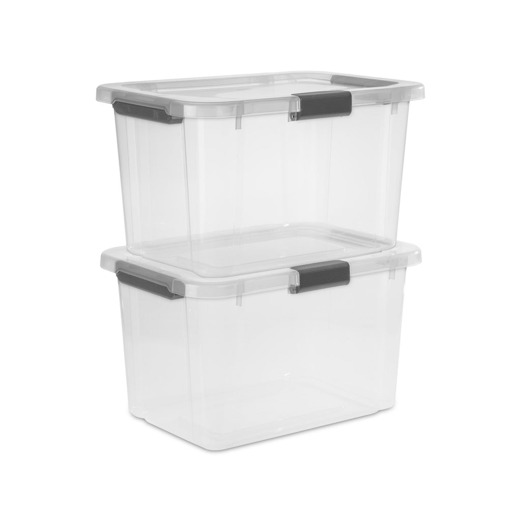 Sterilite 30 Quart HingeLID Storage Box - Clear Bin, Latch Lid, Comfort Grip, Dk Gray
