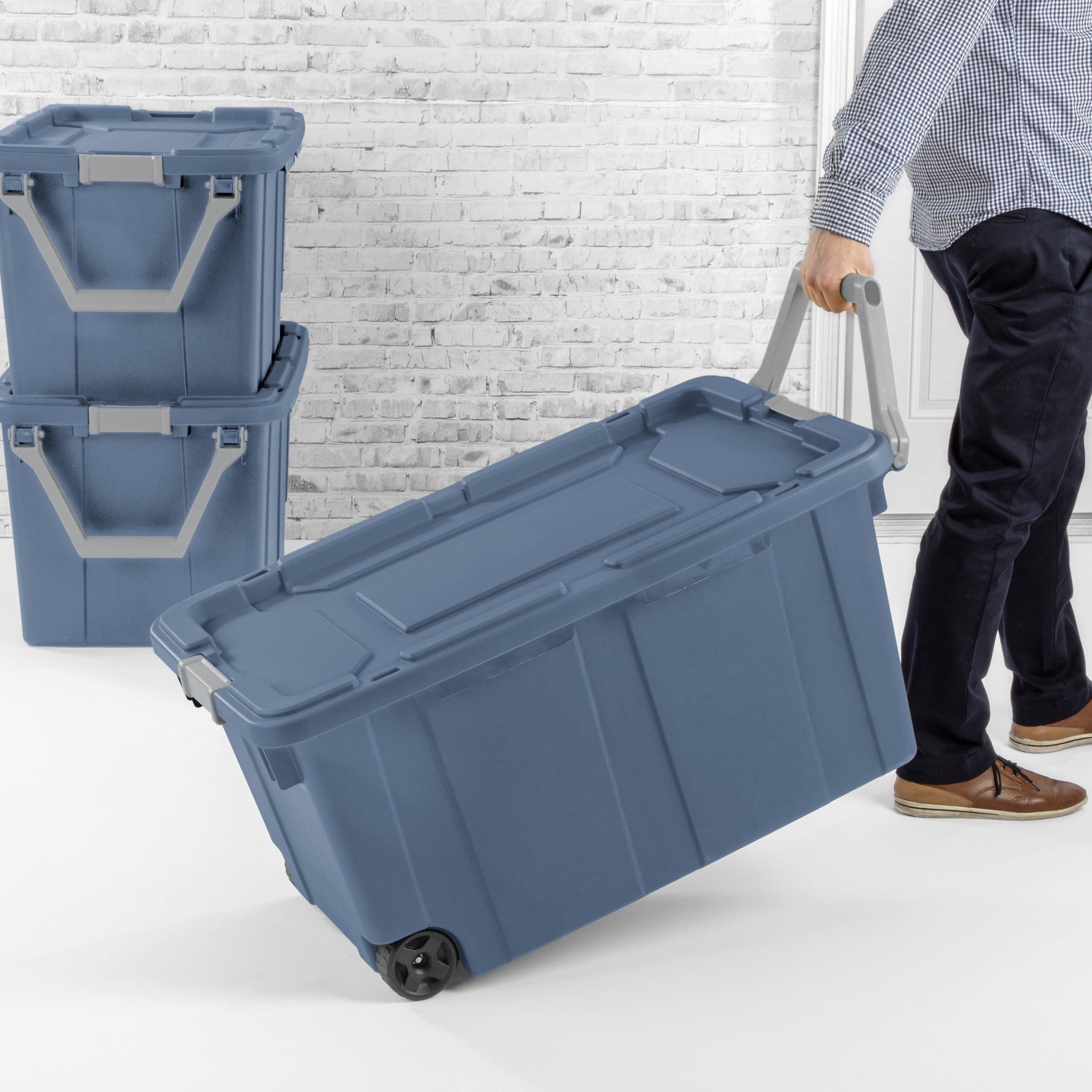 Sterilite Extra-Large Wheeled Industrial Storage Bin - 40 Gallon Durable Plastic Storage Tote with Latching Lid and Pull Handle, Blue, 2 Pack