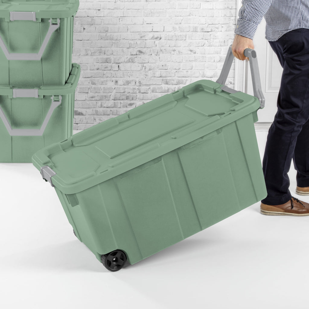 Sterilite Extra-Large Wheeled Industrial Storage Bin - 40 Gallon Durable Plastic Storage Tote with Latching Lid and Pull Handle, Green, 2 Pack