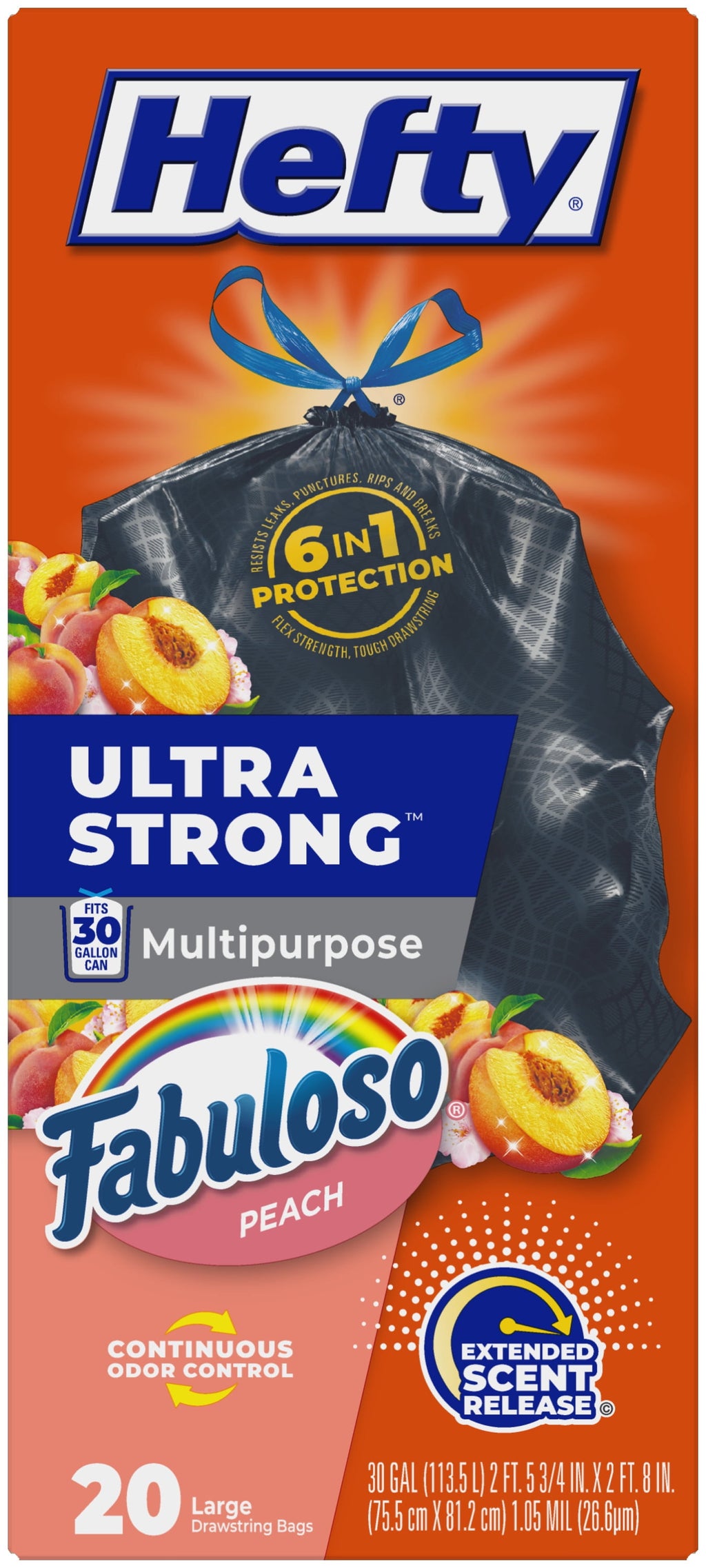 Hefty Ultra Strong 30 Gallon Trash Bags - Black Large Trash Bags, Fabuloso Peach Scent, 20 Bags