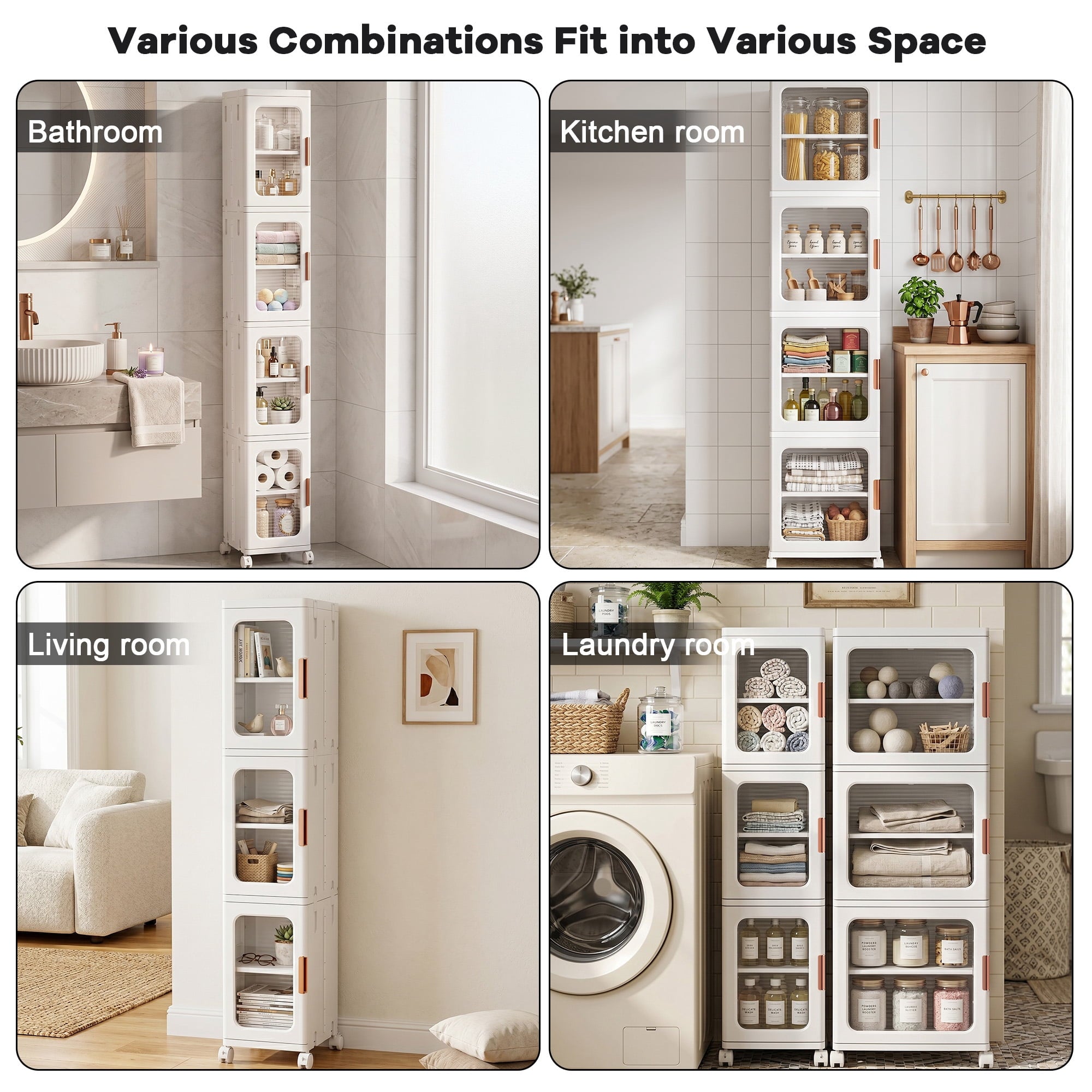 Avaloomia Home 4 Tier Stackable Storage Bins with Lids and Wheels - 108QT Folding Storage Cabinets Plastic Closet Organizer and Storage for Bathroom Living Room Office, White