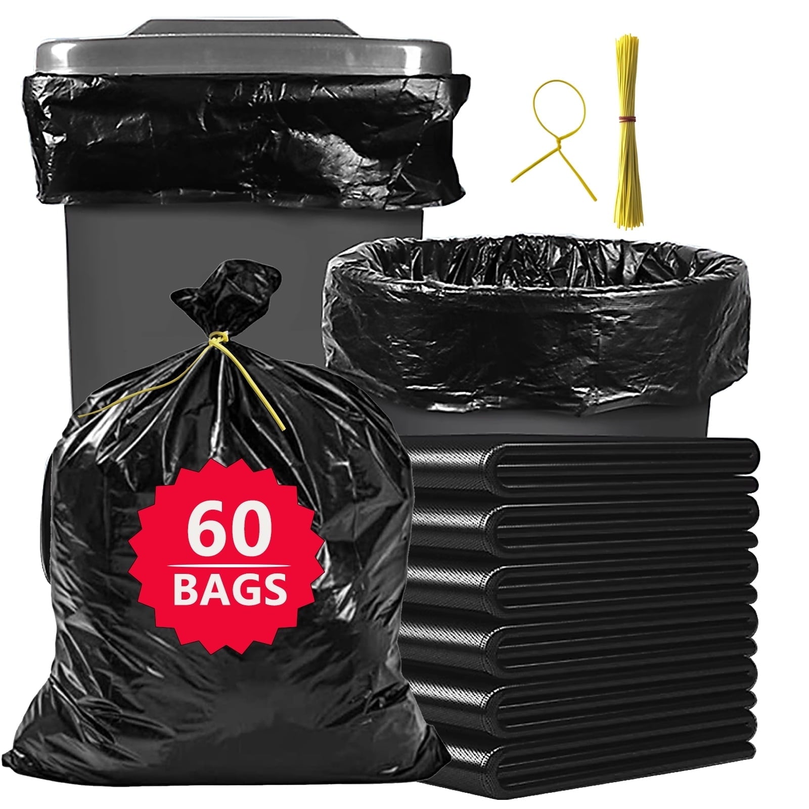55 Gallon Trash Bags (60 Count) - Black Heavy Duty Outdoor Garbage Bags, with Tying Ropes