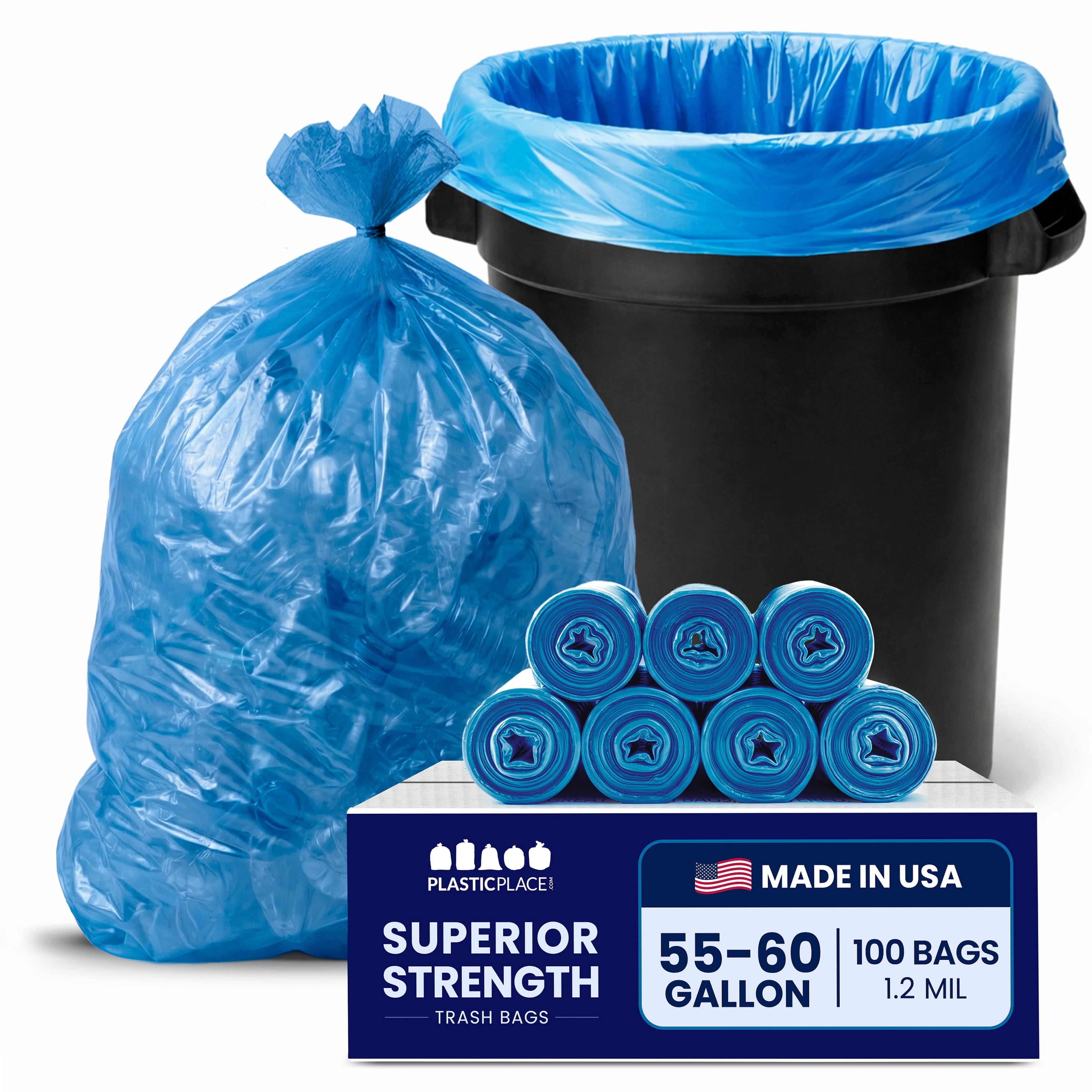 Plasticplace 55-60 Gallon Blue Recycling Trash Bags - 1.2 Mil, 38"x55" Garbage Can Liners, 100 Count