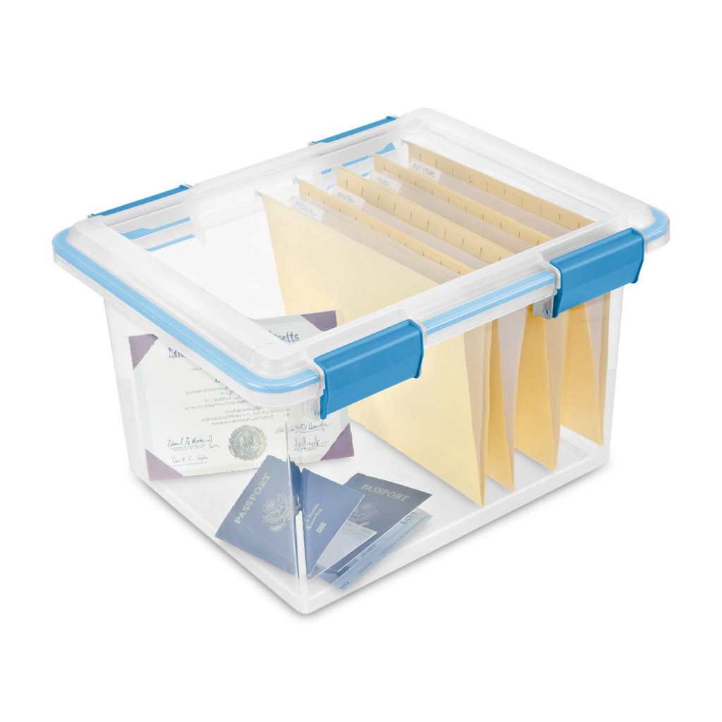 Sterilite Gasket Box - 32 Quart Clear Weather-Resistant Plastic File Storage Bin with Gasket Seal and Latch Lid, Blue, 4 Pack