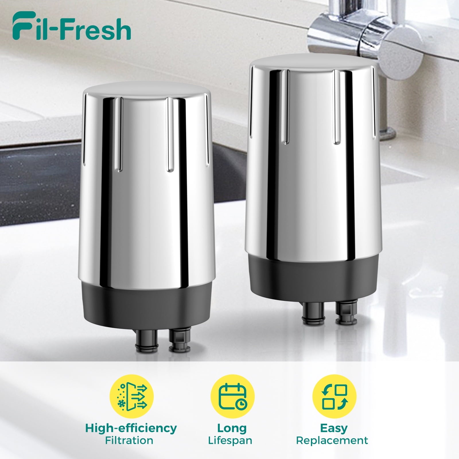 Fil-fresh 2-Pack Faucet Water Filter Replacement for Brita Faucet Filter Systems - Longlast Sink Faucet Filter, Reduce Chlorine and Lead, Chrome