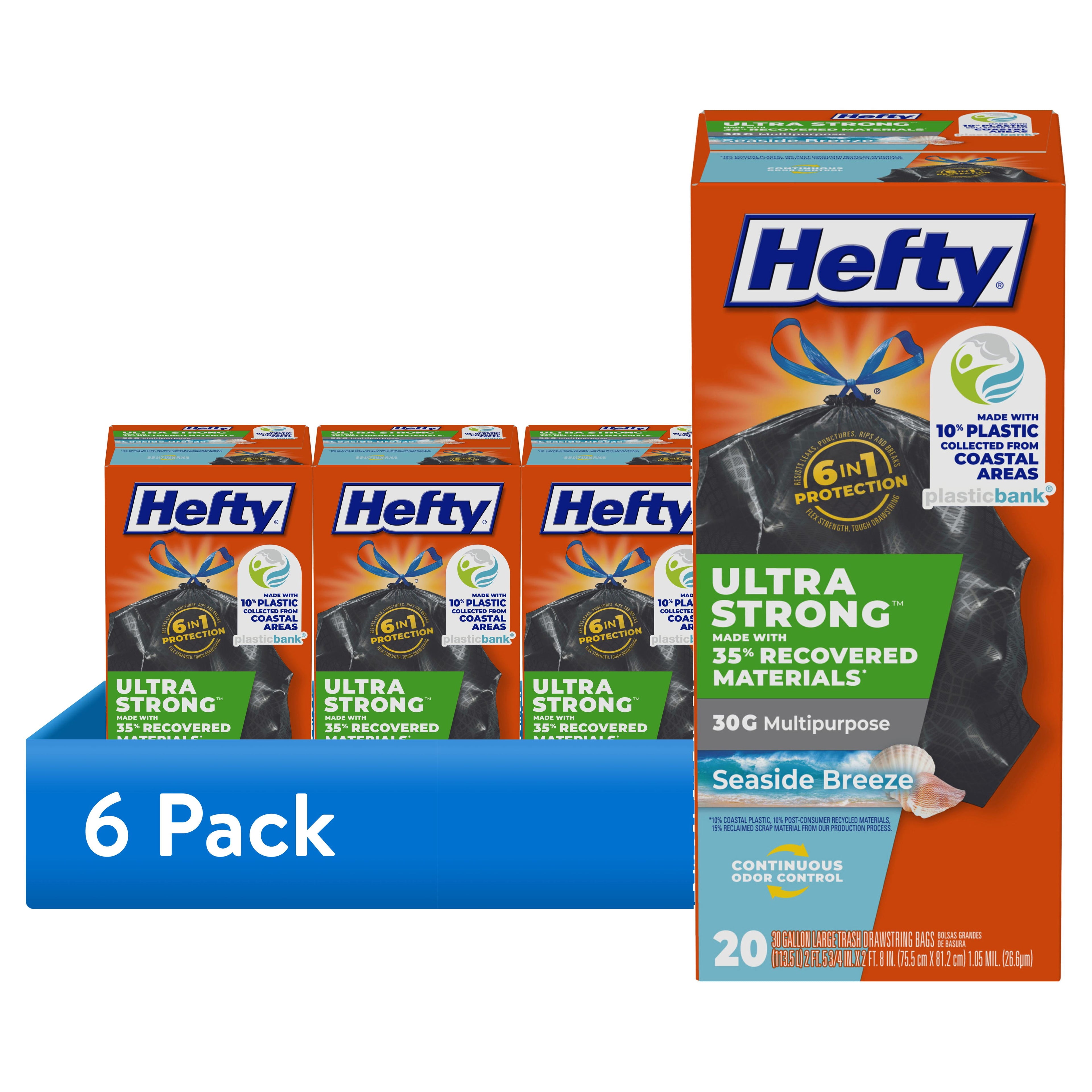 Hefty Ultra Strong 30 Gallon Trash Bags - Multipurpose Large Trash Bags Made with Recovered Materials, Including Coastal Plastic, Black, Seaside Breeze Scent, 20 Bags - 6-Pack