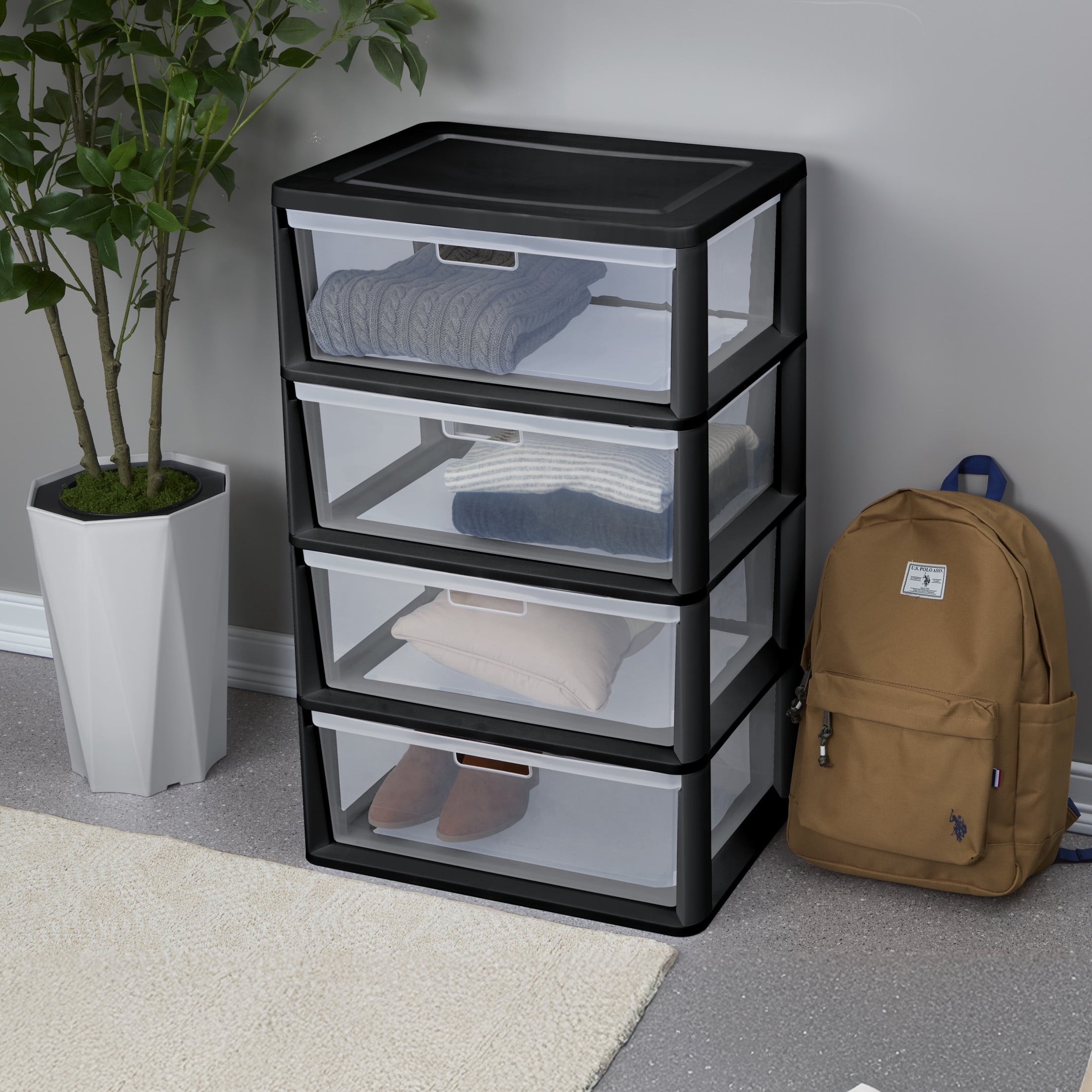 Sterilite Wide 4 Drawer Tower - Plastic Storage Organizer with Removable Clear Bins, Easy Assembly, No Tools Needed, Black - 2-Pack