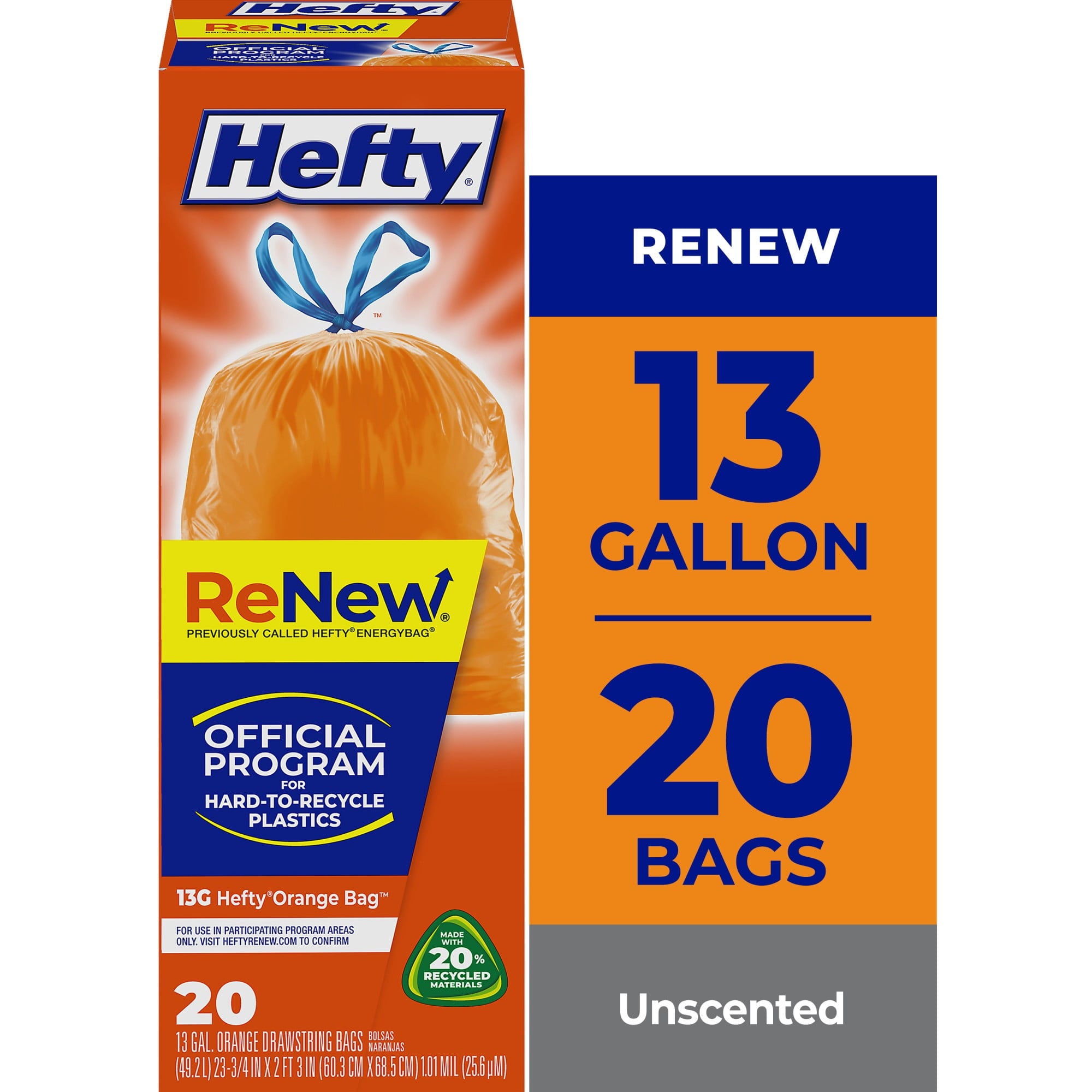 Hefty ReNew Orange Drawstring Bag for Hard to Recycle Plastics - Made with 20% Post-Consumer Recycled Materials, 20 Count - 9-Pack