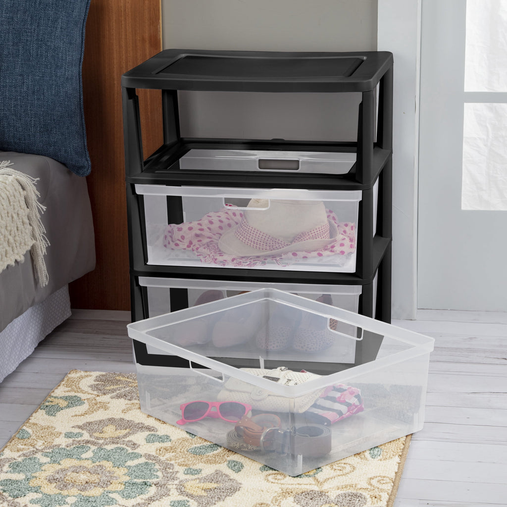 Sterilite Wide 3 Drawer Tower - Plastic Storage Organizer with Removable Clear Bins, Easy Assembly, No Tools Needed, Black - 2-Pack