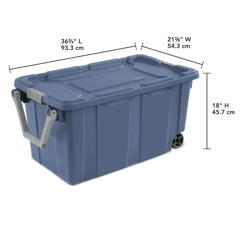 Sterilite Extra-Large Wheeled Industrial Storage Bin - 40 Gallon Durable Plastic Storage Tote with Latching Lid and Pull Handle, Blue, 2 Pack