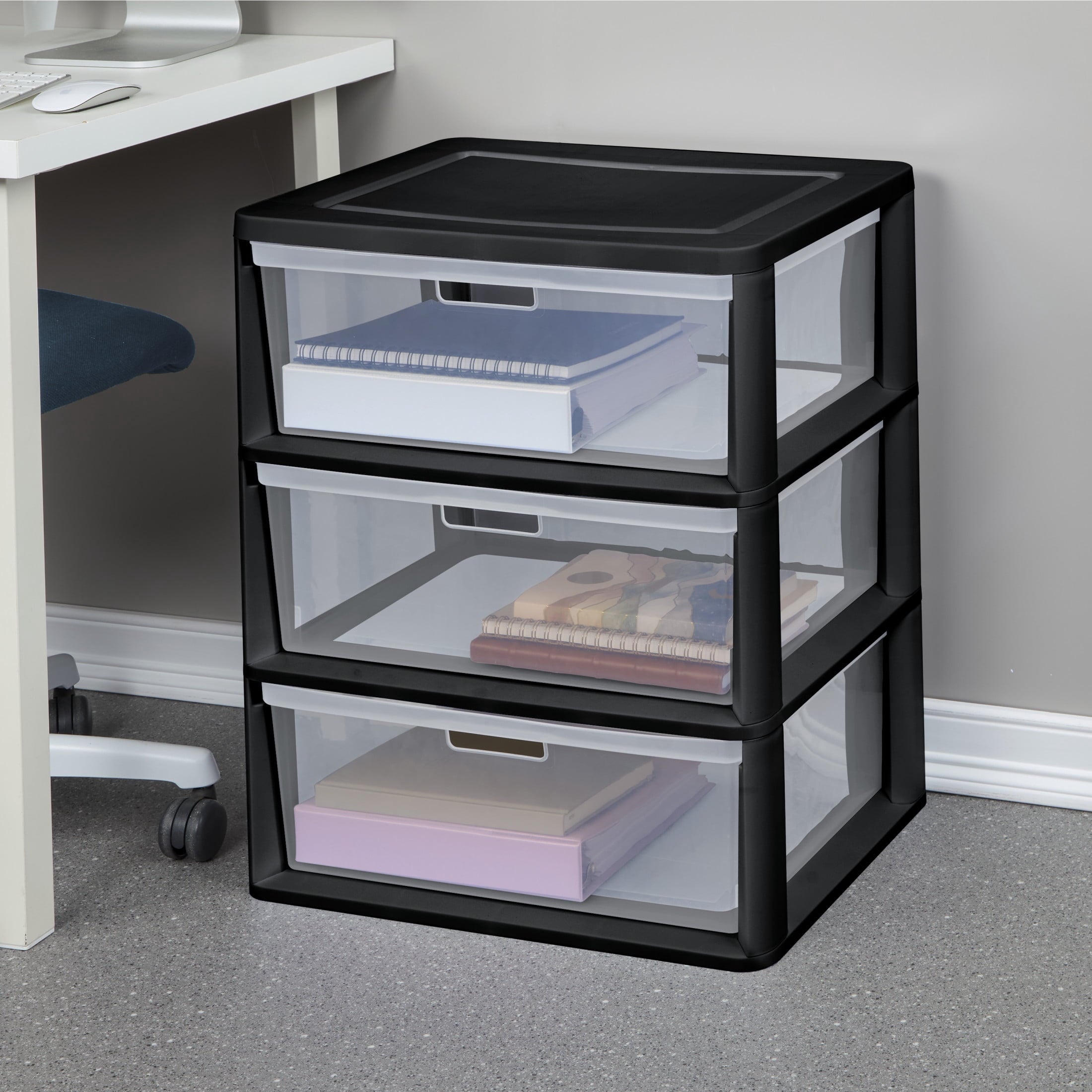 Sterilite Wide 3 Drawer Tower - Plastic Storage Organizer with Removable Clear Bins, Easy Assembly, No Tools Needed, Black - 2-Pack