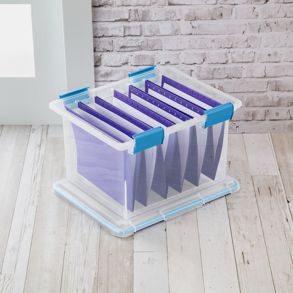 Sterilite Gasket Box - 32 Quart Clear Weather-Resistant Plastic File Storage Bin with Gasket Seal and Latch Lid, Blue, 4 Pack