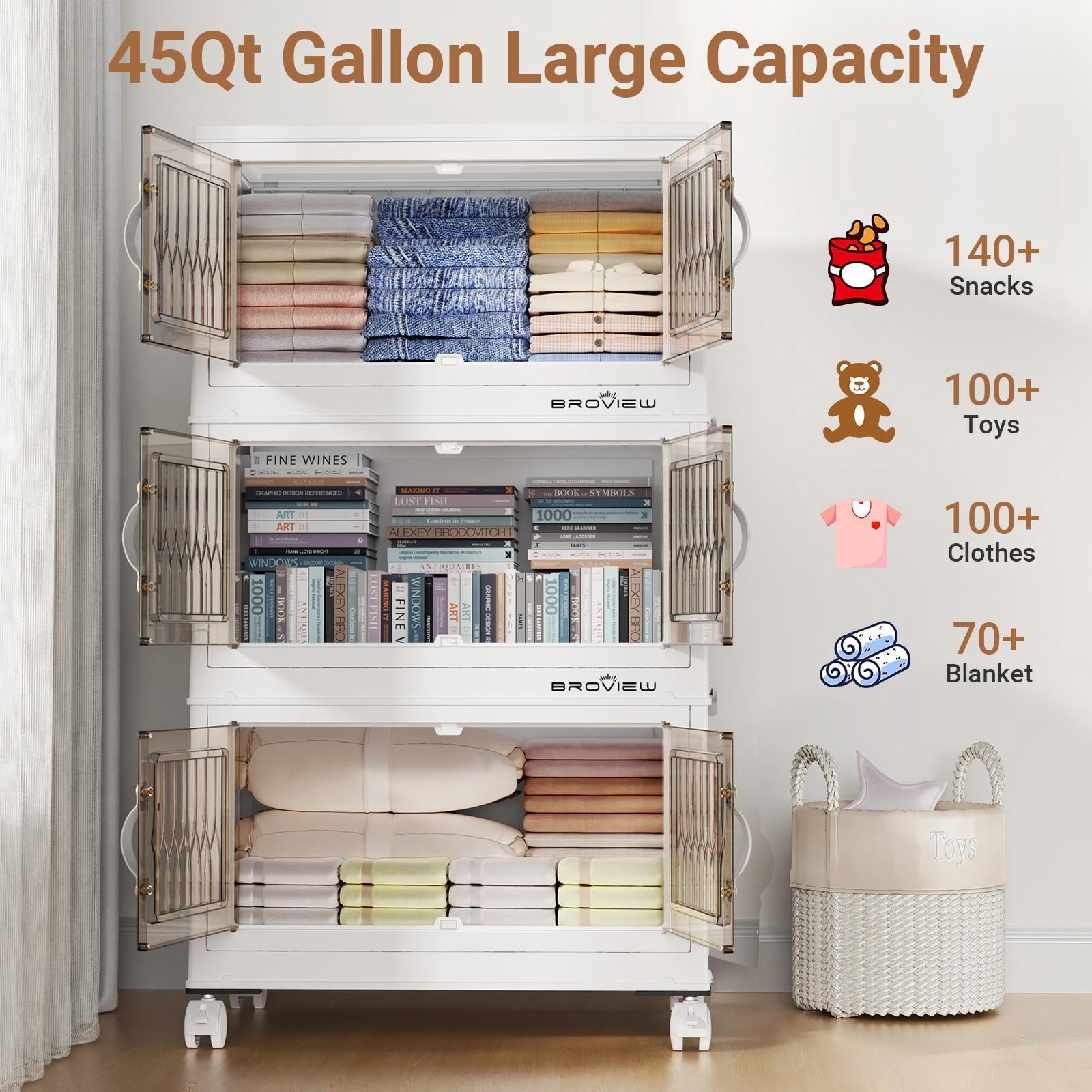 BROVIEW 120Qt Stackable Storage Bins with Lid - Plastic Closet Organizers and Storage Drawer, Collapsible Storage Box with Wheels, Folding Storage Cabinet for Closet Clothes Organization, 3Pack White